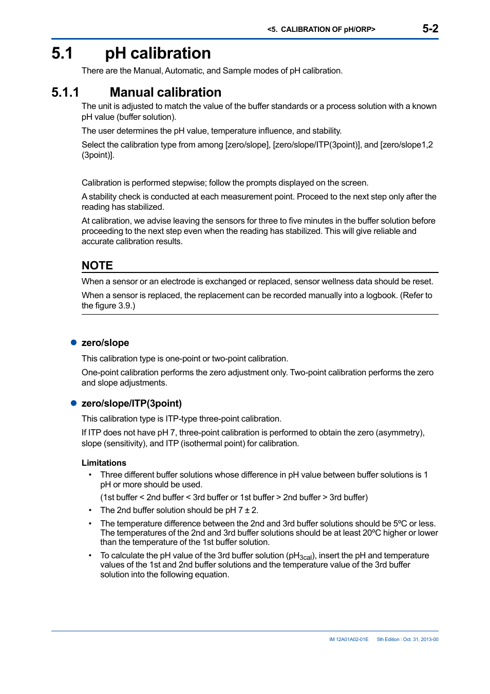 1 ph calibration, 1 manual calibration, Ph calibration -2 5.1.1 | Manual calibration -2 | Yokogawa 2-Wire Dual Channel Transmitter/Analyzer FLXA21 User Manual | Page 76 / 246