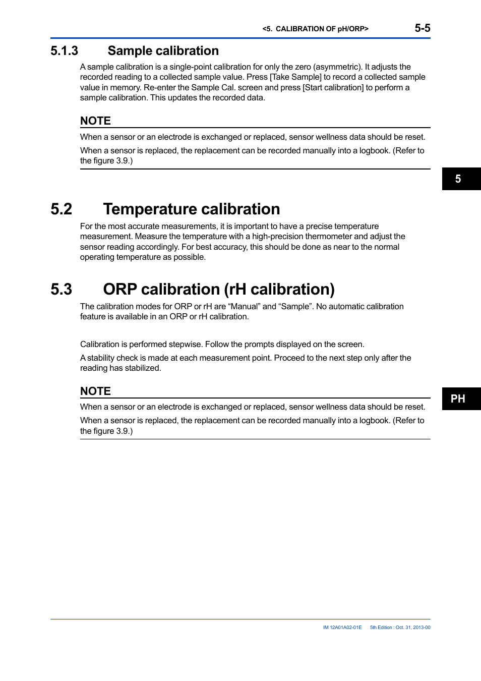 3 sample calibration, 2 temperature calibration, 3 orp calibration (rh calibration) | Sample calibration -5, Temperature calibration -5, Orp calibration (rh calibration) -5 | Yokogawa 2-Wire Dual Channel Transmitter/Analyzer FLXA21 User Manual | Page 79 / 246