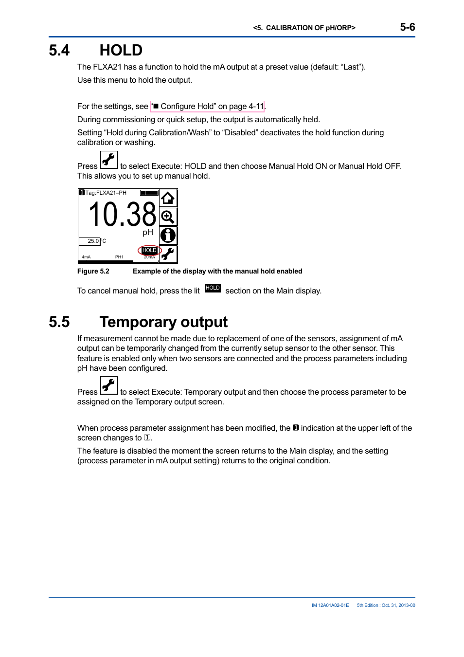 4 hold, 5 temporary output, 4 hold -6 5.5 | Temporary output -6 | Yokogawa 2-Wire Dual Channel Transmitter/Analyzer FLXA21 User Manual | Page 80 / 246