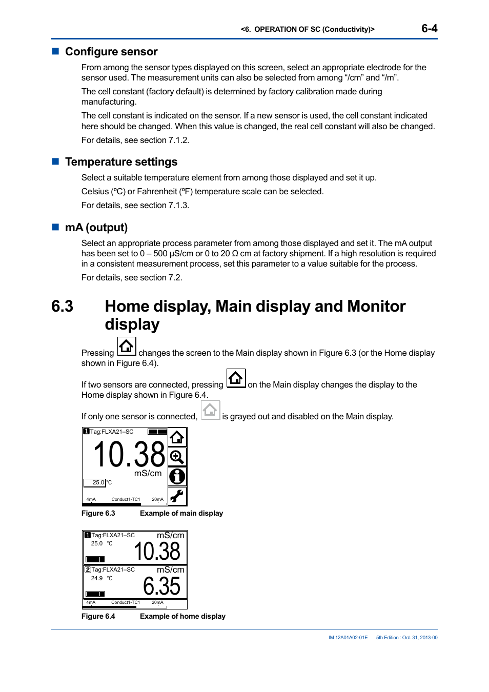 3 home display, main display and monitor display, Home display, main display and monitor display -4, Nconfigure sensor | Ntemperature settings, Nma (output) | Yokogawa 2-Wire Dual Channel Transmitter/Analyzer FLXA21 User Manual | Page 84 / 246