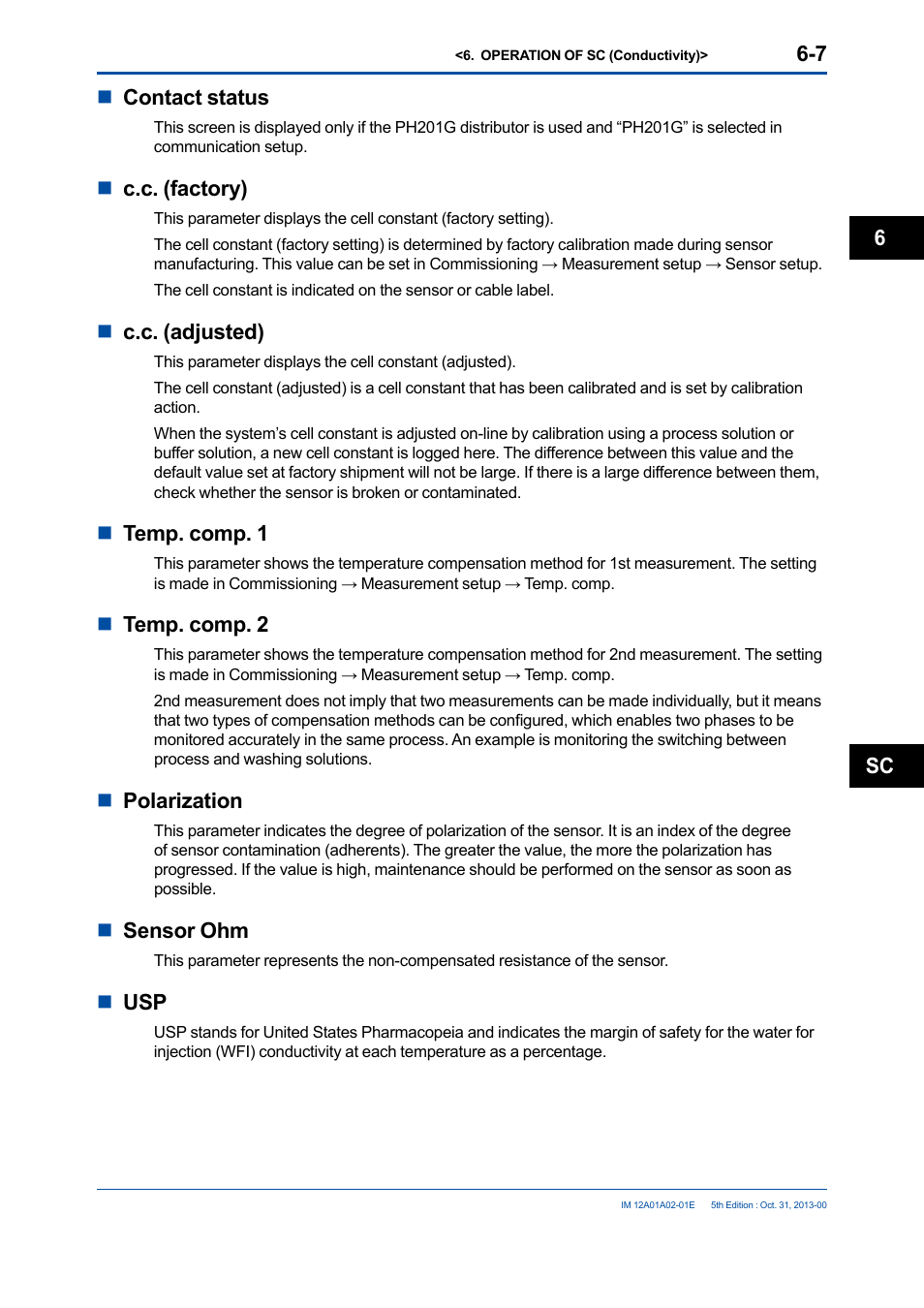 Ncontact status, Nc.c. (factory), Nc.c. (adjusted) | Ntemp. comp. 1, Ntemp. comp. 2, Npolarization, Nsensor ohm, Nusp, Sc 6 | Yokogawa 2-Wire Dual Channel Transmitter/Analyzer FLXA21 User Manual | Page 87 / 246