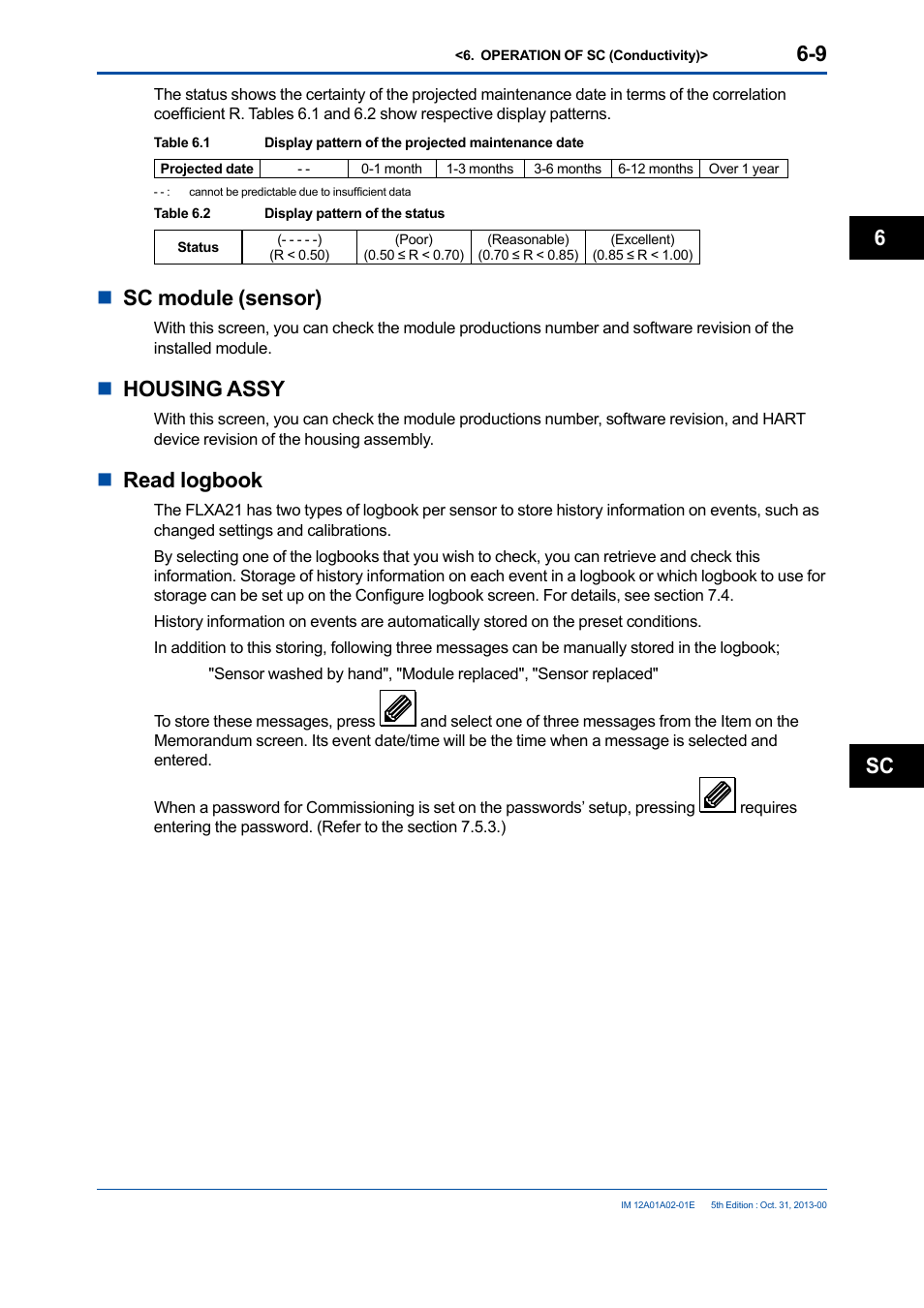 Nsc module (sensor), Nhousing assy, Nread logbook | Sc 6 | Yokogawa 2-Wire Dual Channel Transmitter/Analyzer FLXA21 User Manual | Page 89 / 246