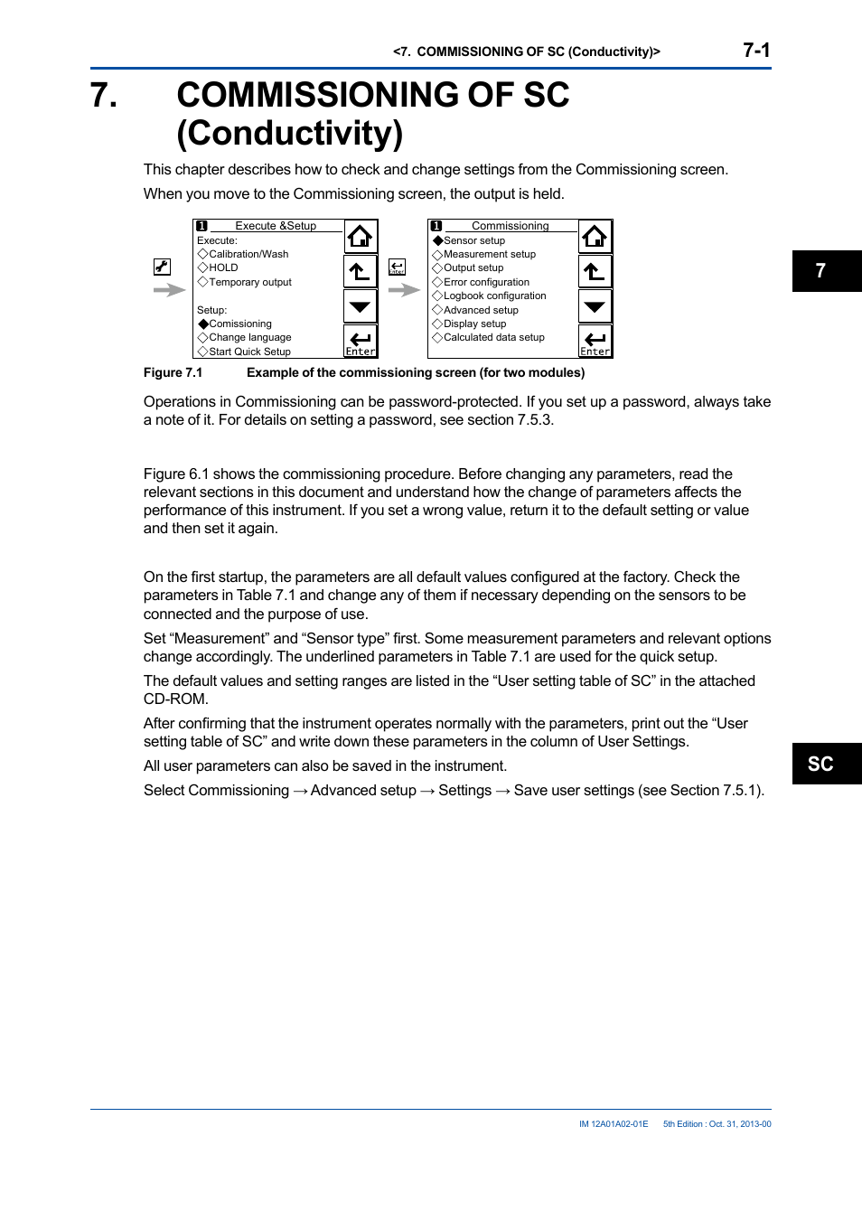 Commissioning of sc (conductivity), Commissioning of sc (conductivity) -1, Sc 7 | Yokogawa 2-Wire Dual Channel Transmitter/Analyzer FLXA21 User Manual | Page 93 / 246