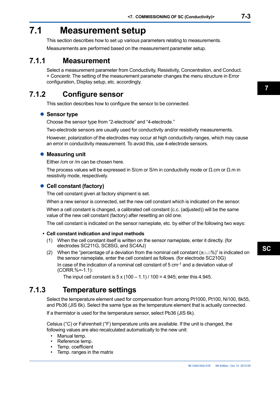 1 measurement setup, 1 measurement, 2 configure sensor | 3 temperature settings, Measurement setup -3 7.1.1 measurement -3 7.1.2, Configure sensor -3, Temperature settings -3, Sc 7 | Yokogawa 2-Wire Dual Channel Transmitter/Analyzer FLXA21 User Manual | Page 95 / 246