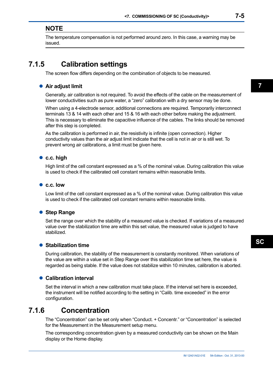 5 calibration settings, 6 concentration, Calibration settings -5 | 6 concentration -5, Sc 7 | Yokogawa 2-Wire Dual Channel Transmitter/Analyzer FLXA21 User Manual | Page 97 / 246