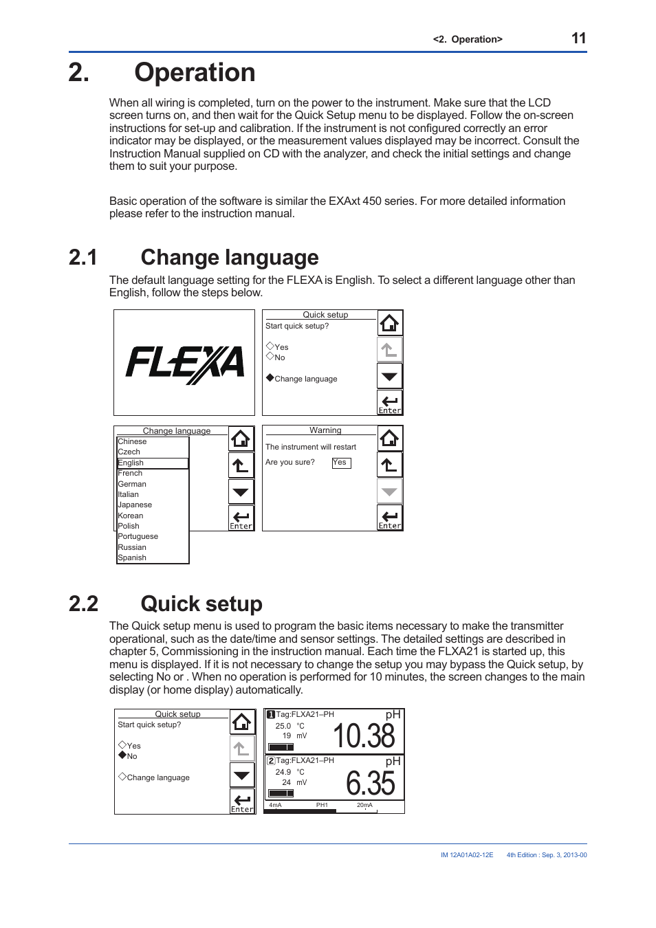 Operation, 1 change language, 2 quick setup | Change language, Quick setup | Yokogawa 2-Wire Dual Channel Transmitter/Analyzer FLXA21 User Manual | Page 13 / 19