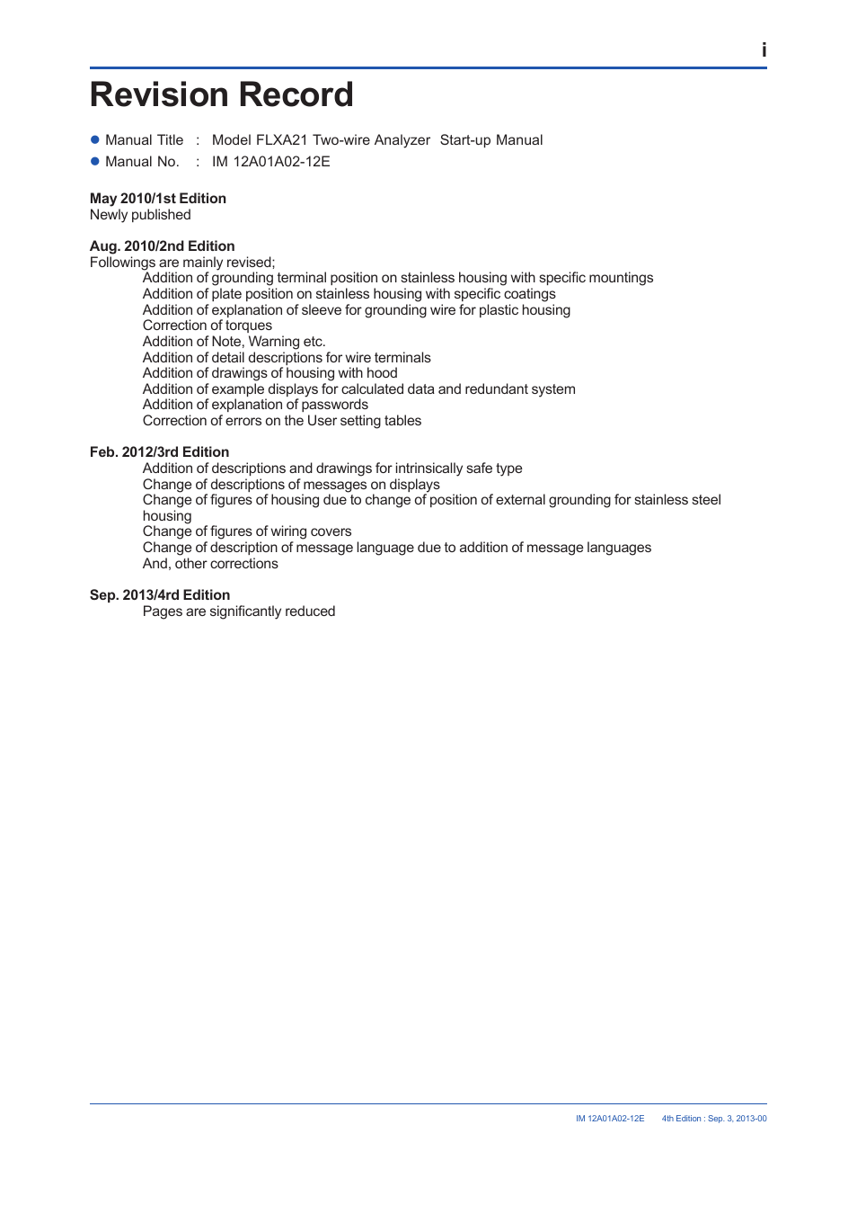 Revision record | Yokogawa 2-Wire Dual Channel Transmitter/Analyzer FLXA21 User Manual | Page 19 / 19