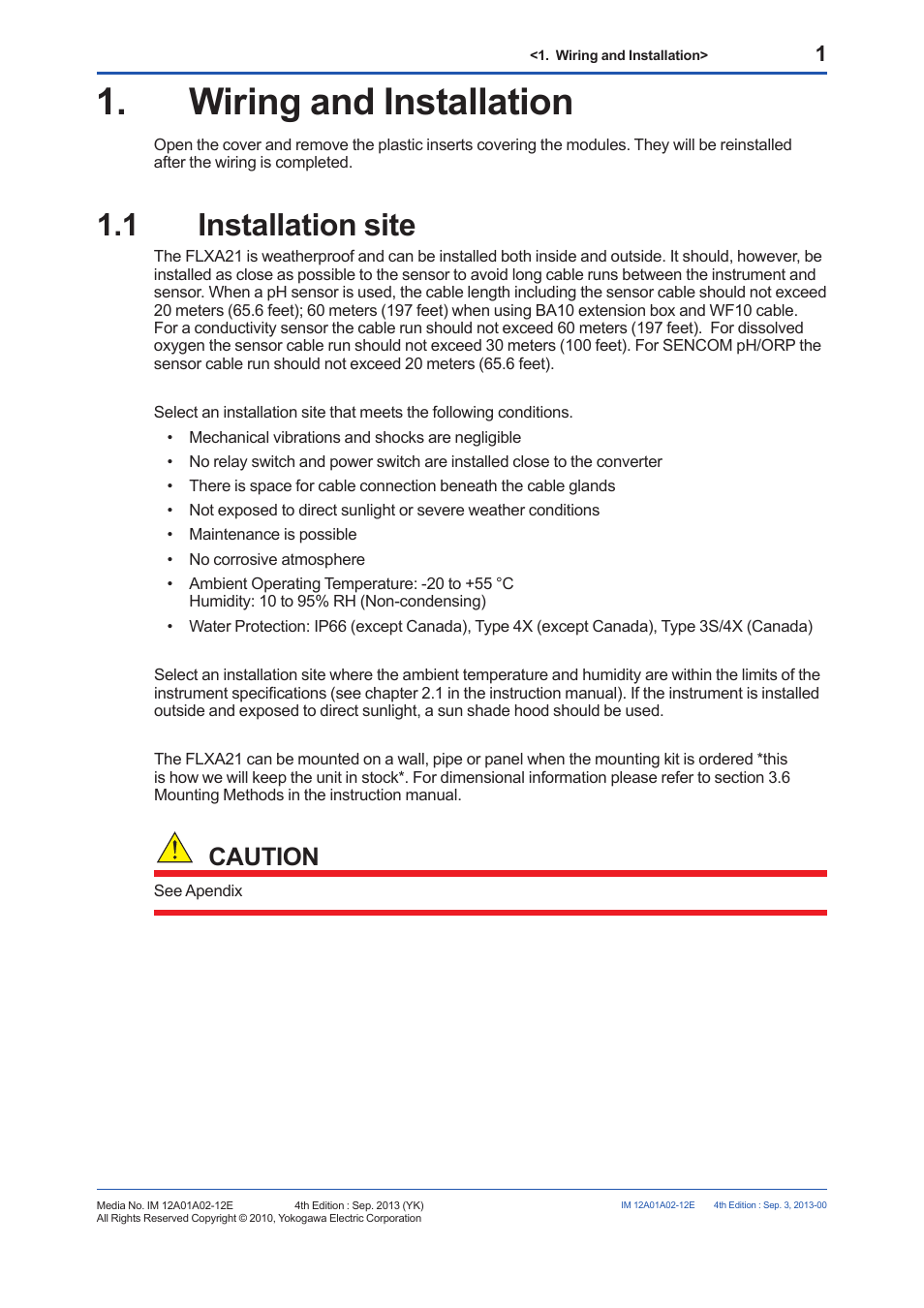Wiring and installation, 1 installation site, Installation site | Caution | Yokogawa 2-Wire Dual Channel Transmitter/Analyzer FLXA21 User Manual | Page 3 / 19