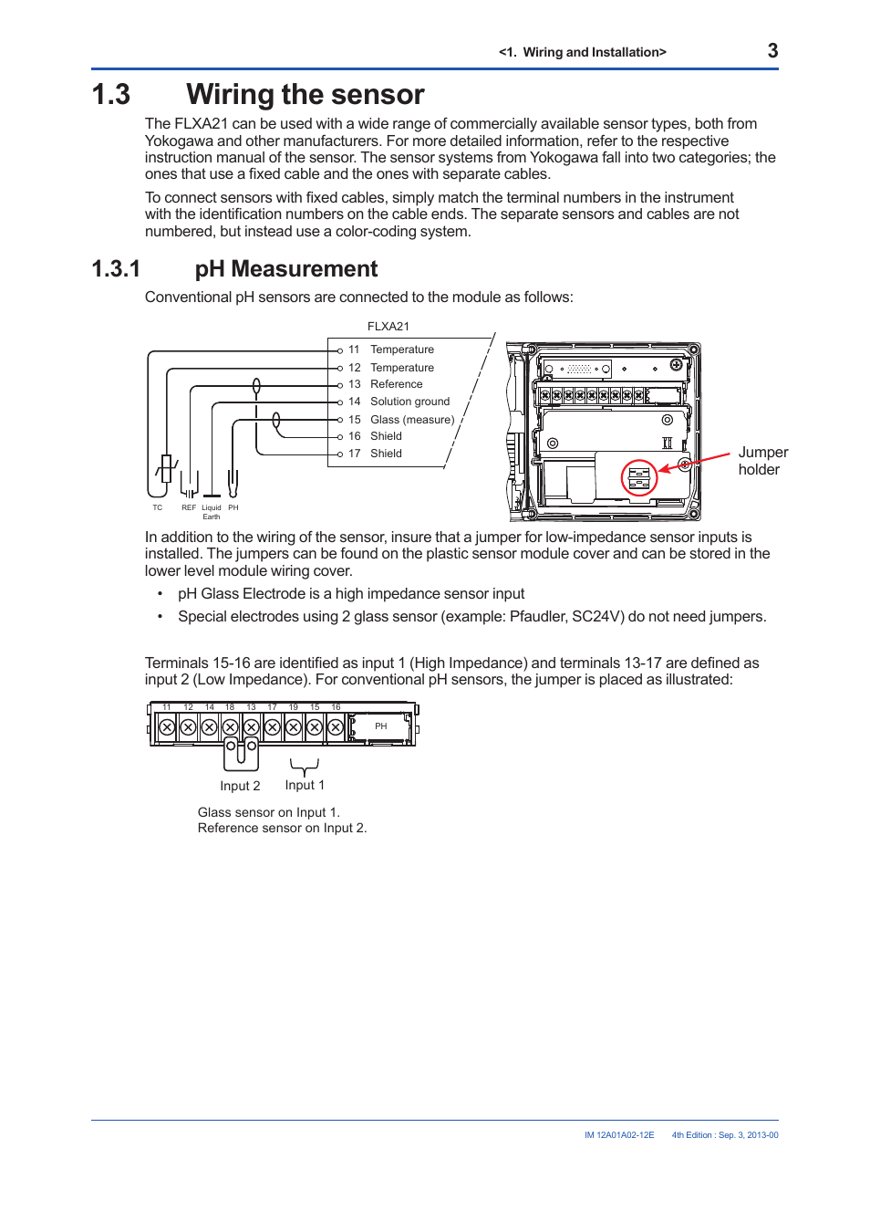 3 wiring the sensor, 1 ph measurement, Wiring the sensor 1.3.1 | Ph measurement | Yokogawa 2-Wire Dual Channel Transmitter/Analyzer FLXA21 User Manual | Page 5 / 19