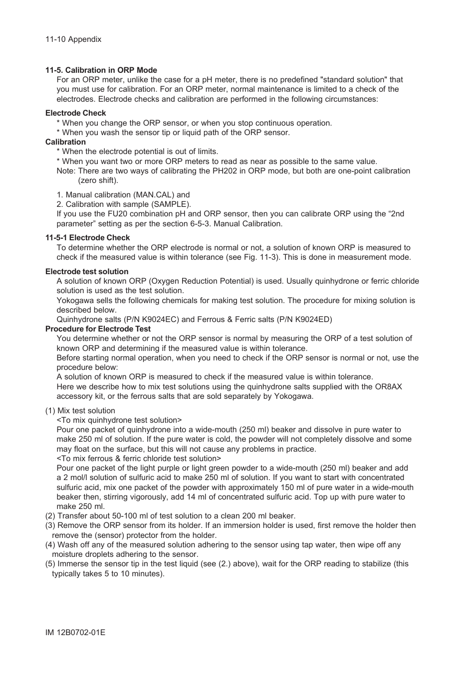 5. calibration in orp mode, 5-1 electrode check, 5. calibration in orp mode -10 | 5-1 electrode check -10 | Yokogawa EXA PH202 2-Wire pH/ORP Analyzer User Manual | Page 107 / 138