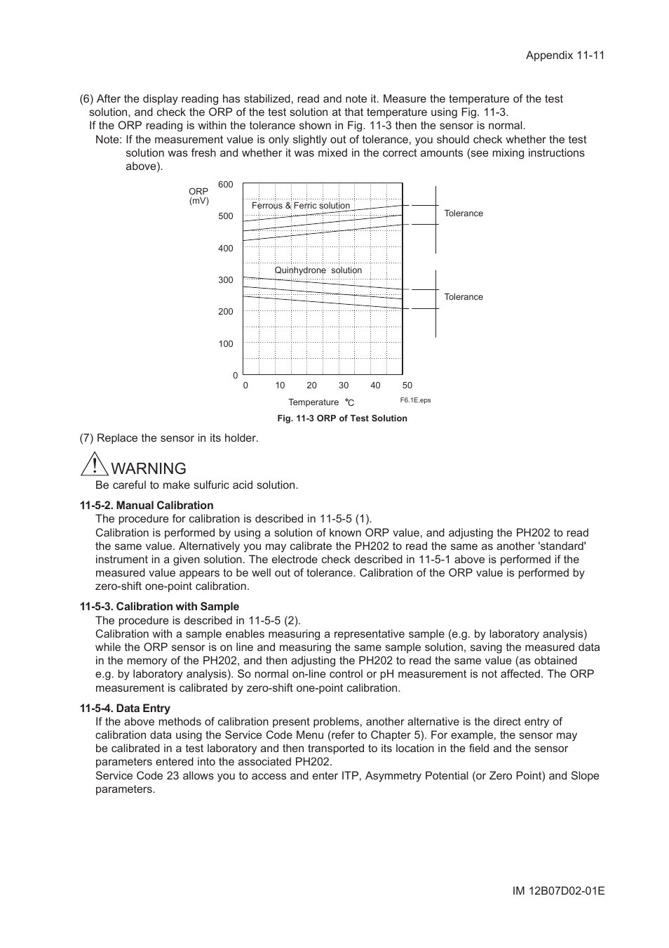 5-2. manual calibration, 5-3. calibration with sample, 5-4. data entry | 5-2. manual calibration -11, 5-3. calibration with sample -11, 5-4. data entry -11, Warning | Yokogawa EXA PH202 2-Wire pH/ORP Analyzer User Manual | Page 108 / 138
