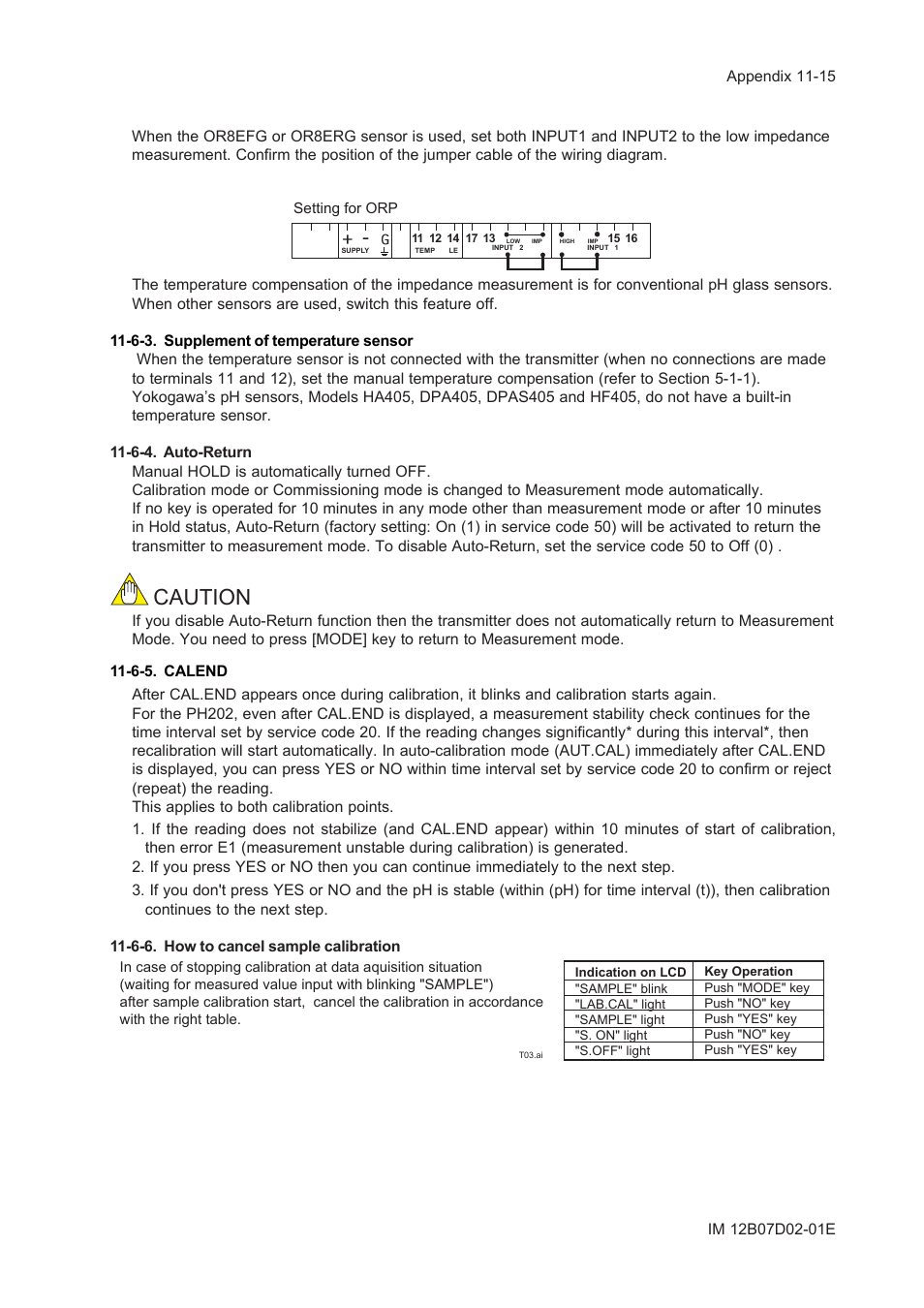 6-3. supplement of temperature sensor, 6-4. auto-return, 6-5. calend | 6-6. how to cancel sample calibration, 6-3. supplement of temperature sensor -15, 6-4. auto-return -15, 6-5. calend -15, 6-6. how to cancel sample calibration -15, Caution | Yokogawa EXA PH202 2-Wire pH/ORP Analyzer User Manual | Page 112 / 138