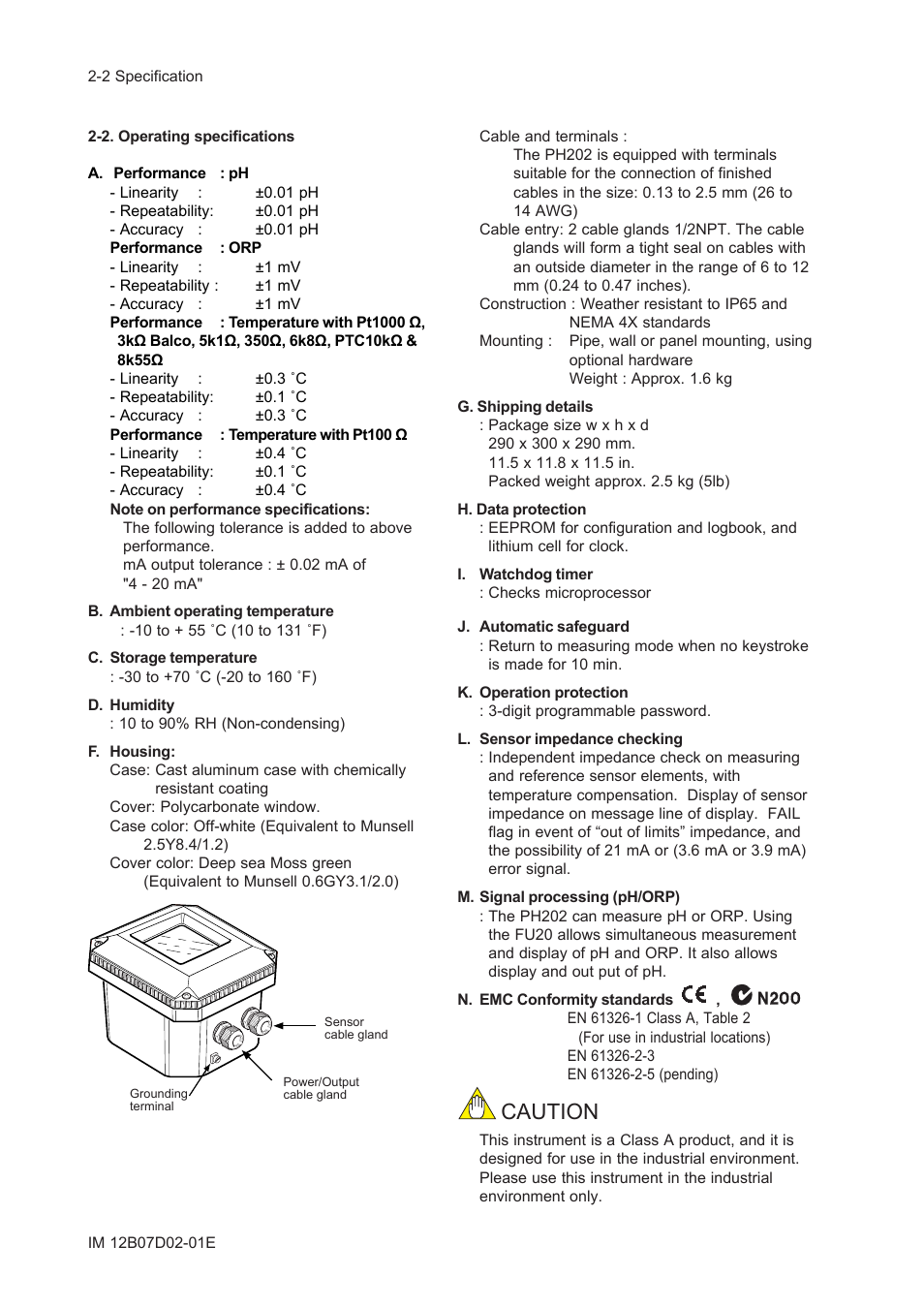 2. operating specifications, Caution | Yokogawa EXA PH202 2-Wire pH/ORP Analyzer User Manual | Page 15 / 138