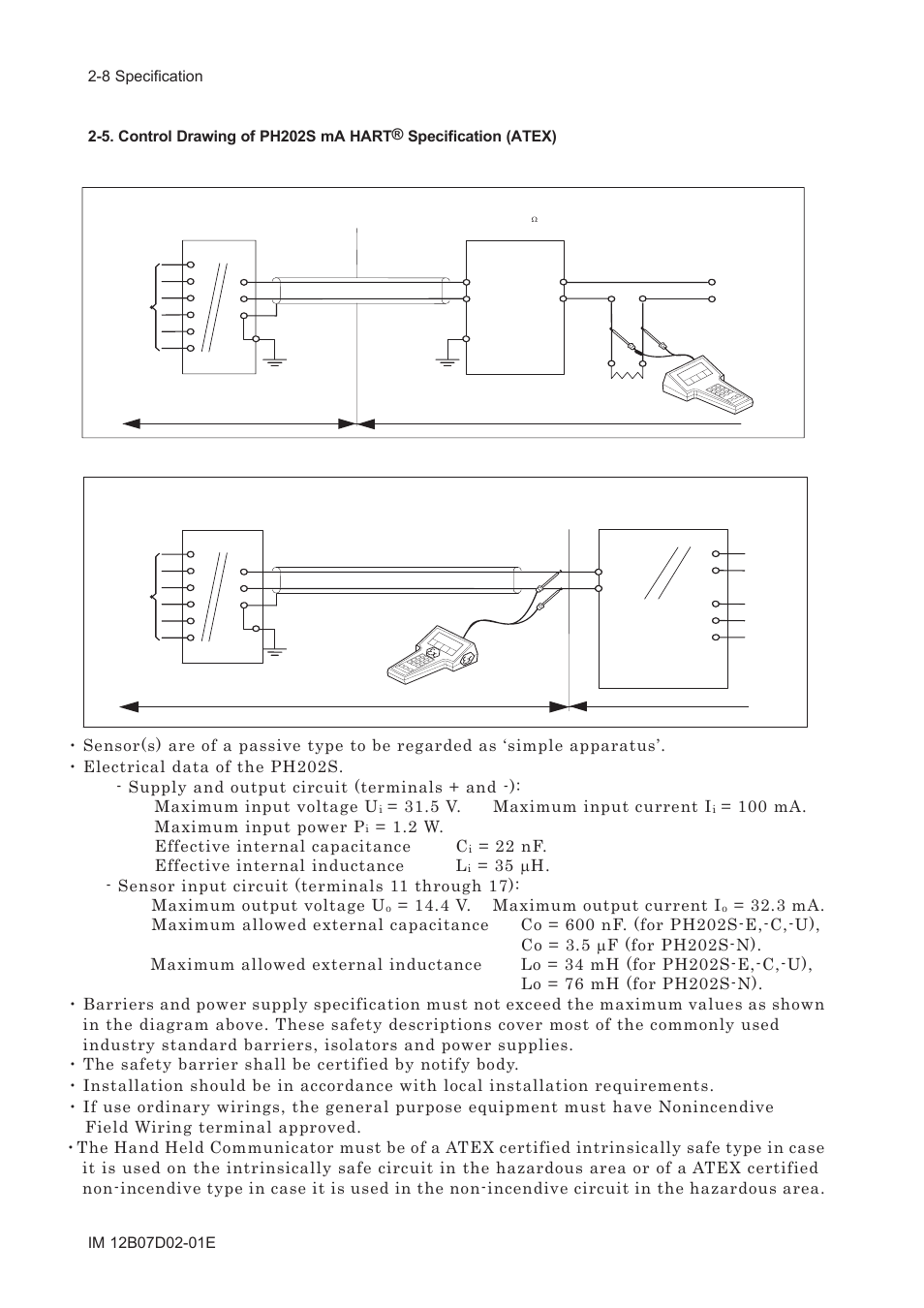 5 v. maximum input current i, 100 ma. maximum input power p, 2 w. effective internal capacitance c | 22 nf. effective internal inductance l, 4 v. maximum output current i | Yokogawa EXA PH202 2-Wire pH/ORP Analyzer User Manual | Page 21 / 138