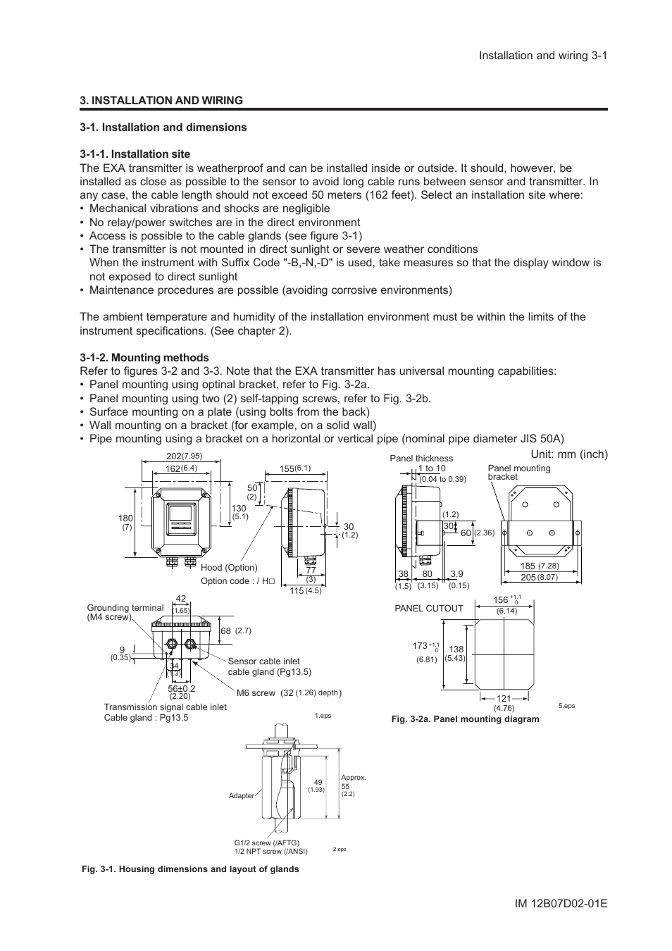 Installation and wiring, 1. installation and dimensions, 1-1. installation site | 1-2. mounting methods, Unit: mm (inch) | Yokogawa EXA PH202 2-Wire pH/ORP Analyzer User Manual | Page 34 / 138