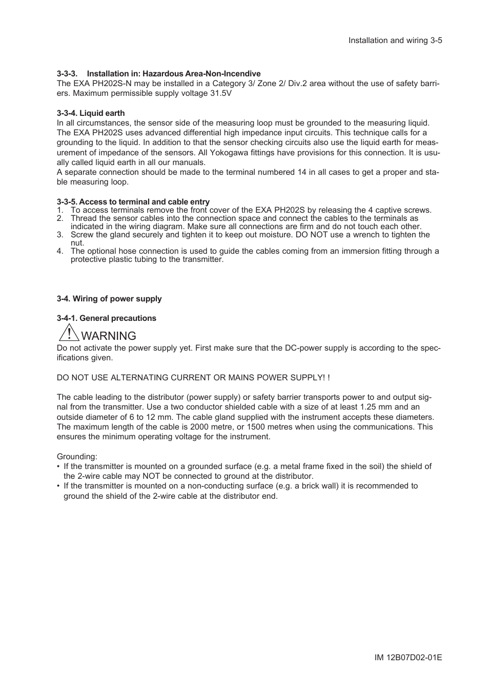 3-3. installation in: hazardous area-non-incendive, 3-4. liquid earth, 3-5. access to terminal and cable entry | 4. wiring of power supply, 4-1. general precautions, Warning | Yokogawa EXA PH202 2-Wire pH/ORP Analyzer User Manual | Page 38 / 138