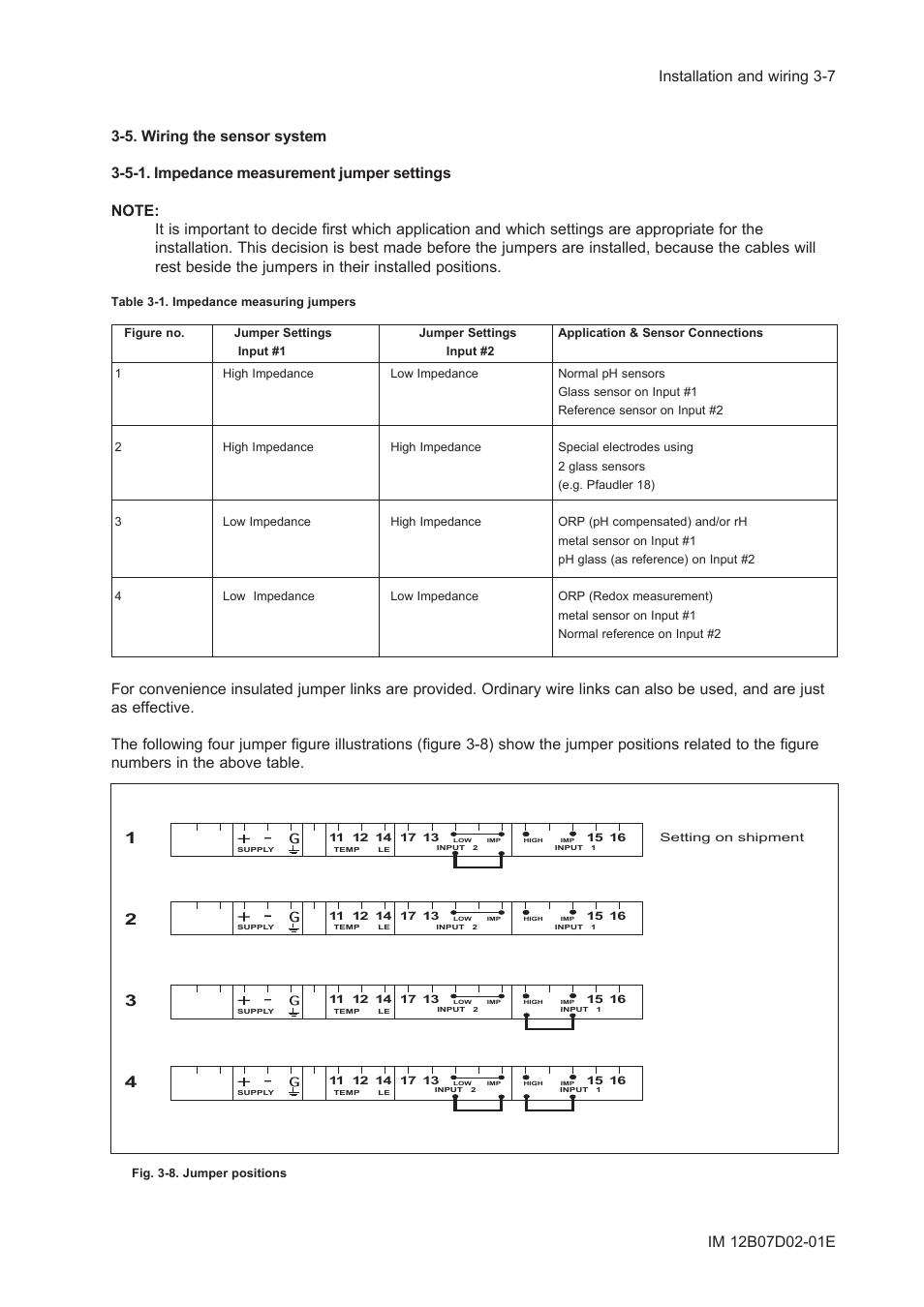 5. wiring the sensor system, 5-1. impedance measurement jumper settings | Yokogawa EXA PH202 2-Wire pH/ORP Analyzer User Manual | Page 40 / 138