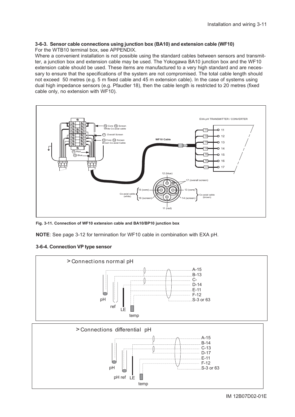 6-4. connection vp type sensor, Connect ions normal ph, Connections differential ph | Yokogawa EXA PH202 2-Wire pH/ORP Analyzer User Manual | Page 44 / 138