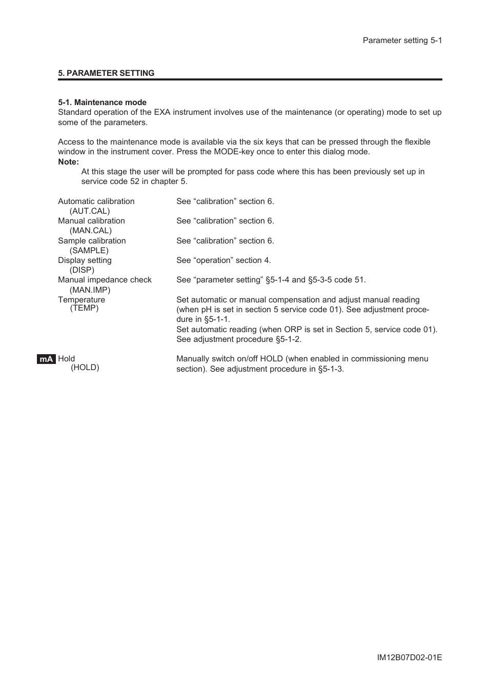 Parameter setting, 1. maintenance mode, Parameter setting -1 | 1. maintenance mode -1 | Yokogawa EXA PH202 2-Wire pH/ORP Analyzer User Manual | Page 52 / 138