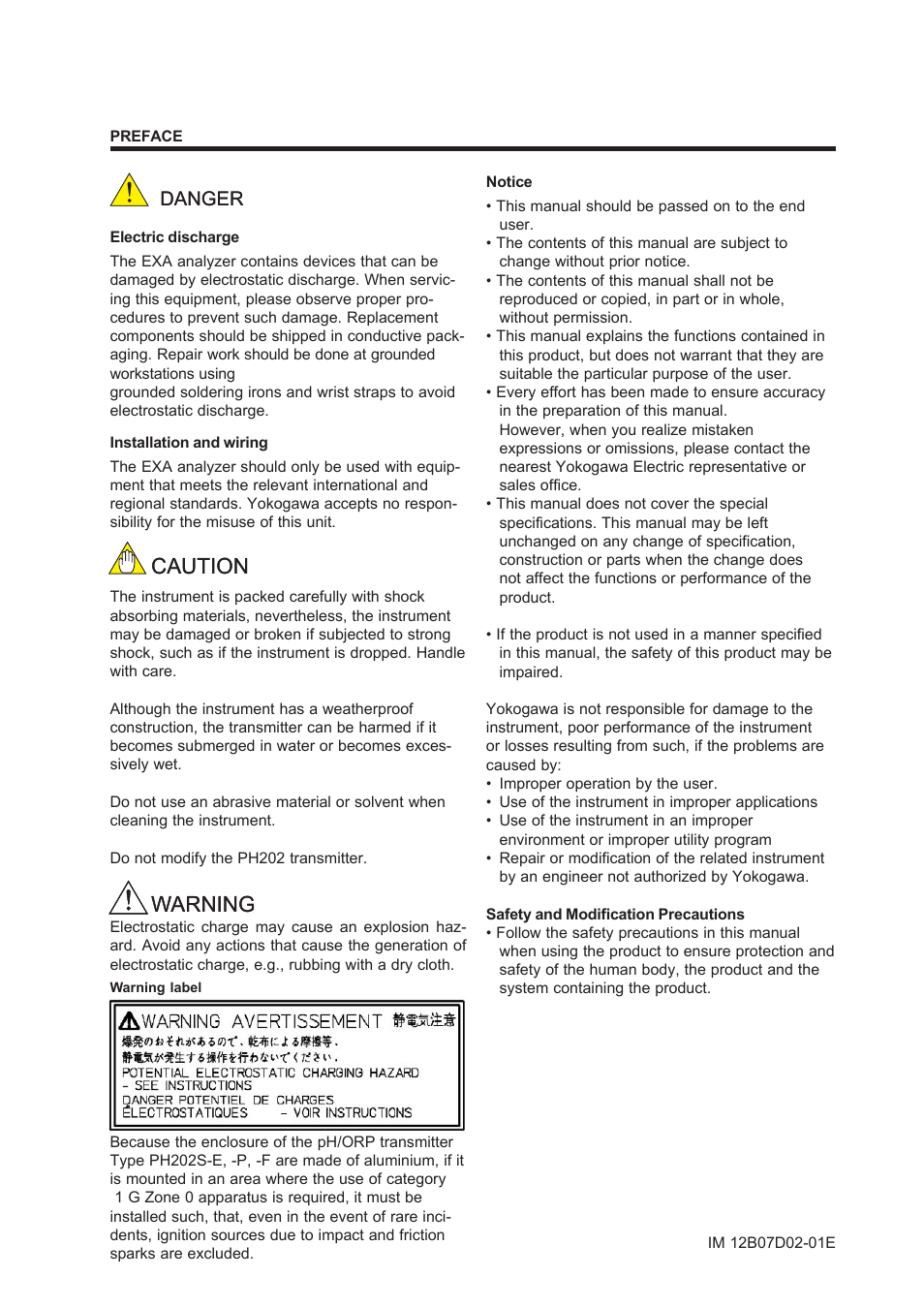 Preface, Caution, Caution warning warning | Danger | Yokogawa EXA PH202 2-Wire pH/ORP Analyzer User Manual | Page 6 / 138