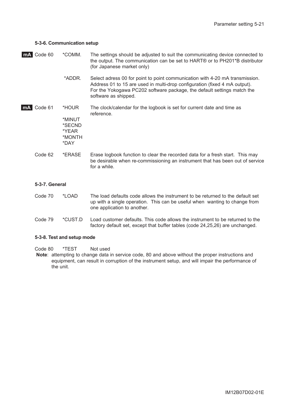3-6. communication setup, 3-7. general, 3-8. test and setup mode | 3-6. communication setup -21, 3-7. general -21, 3-8. test and setup mode -21 | Yokogawa EXA PH202 2-Wire pH/ORP Analyzer User Manual | Page 72 / 138