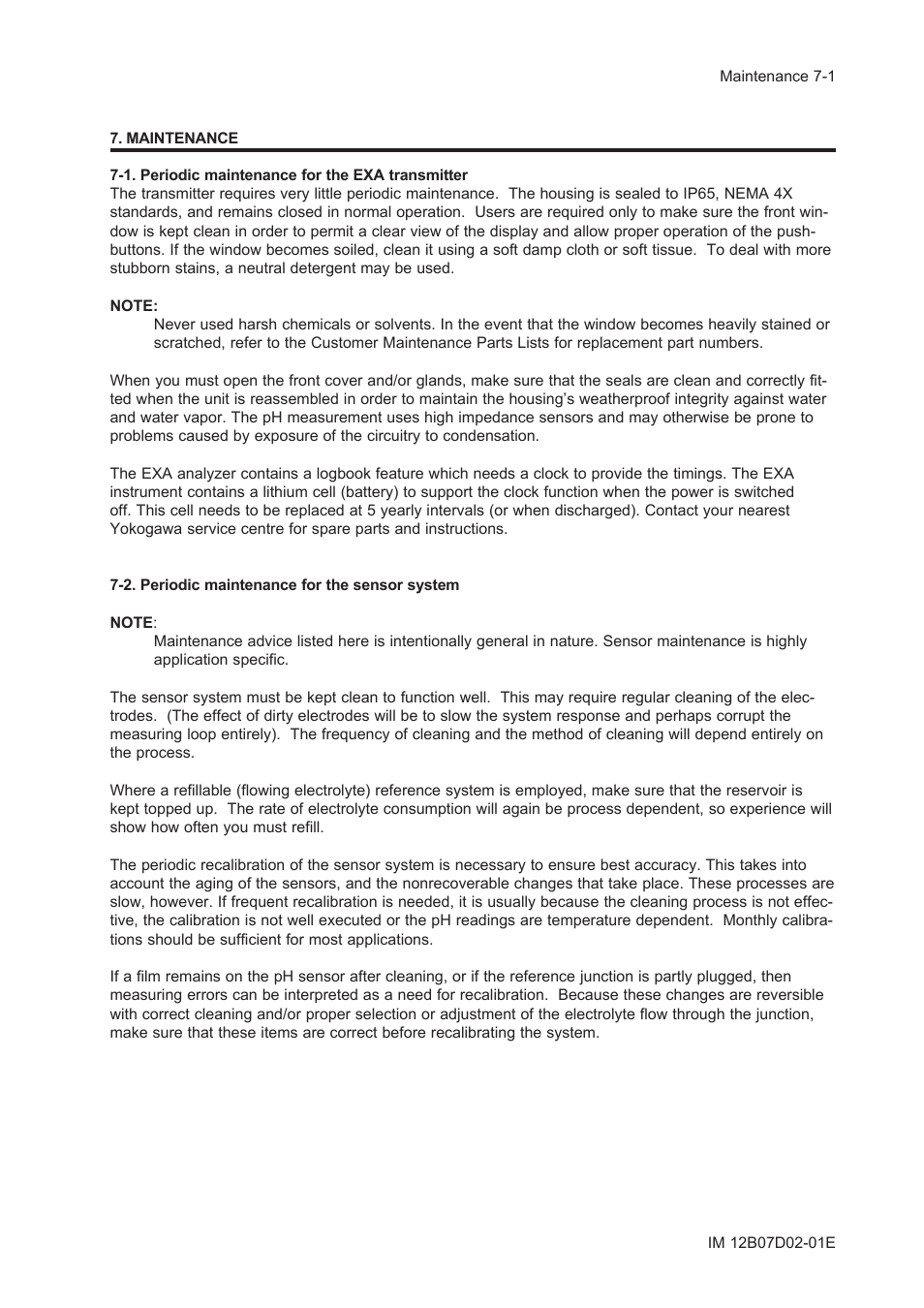 Maintenance, 1. periodic maintenance for the exa transmitter, 2. periodic maintenance for the sensor system | Maintenance -1, 1. periodic maintenance for the exa transmitter -1, 2. periodic maintenance for the sensor system -1 | Yokogawa EXA PH202 2-Wire pH/ORP Analyzer User Manual | Page 81 / 138