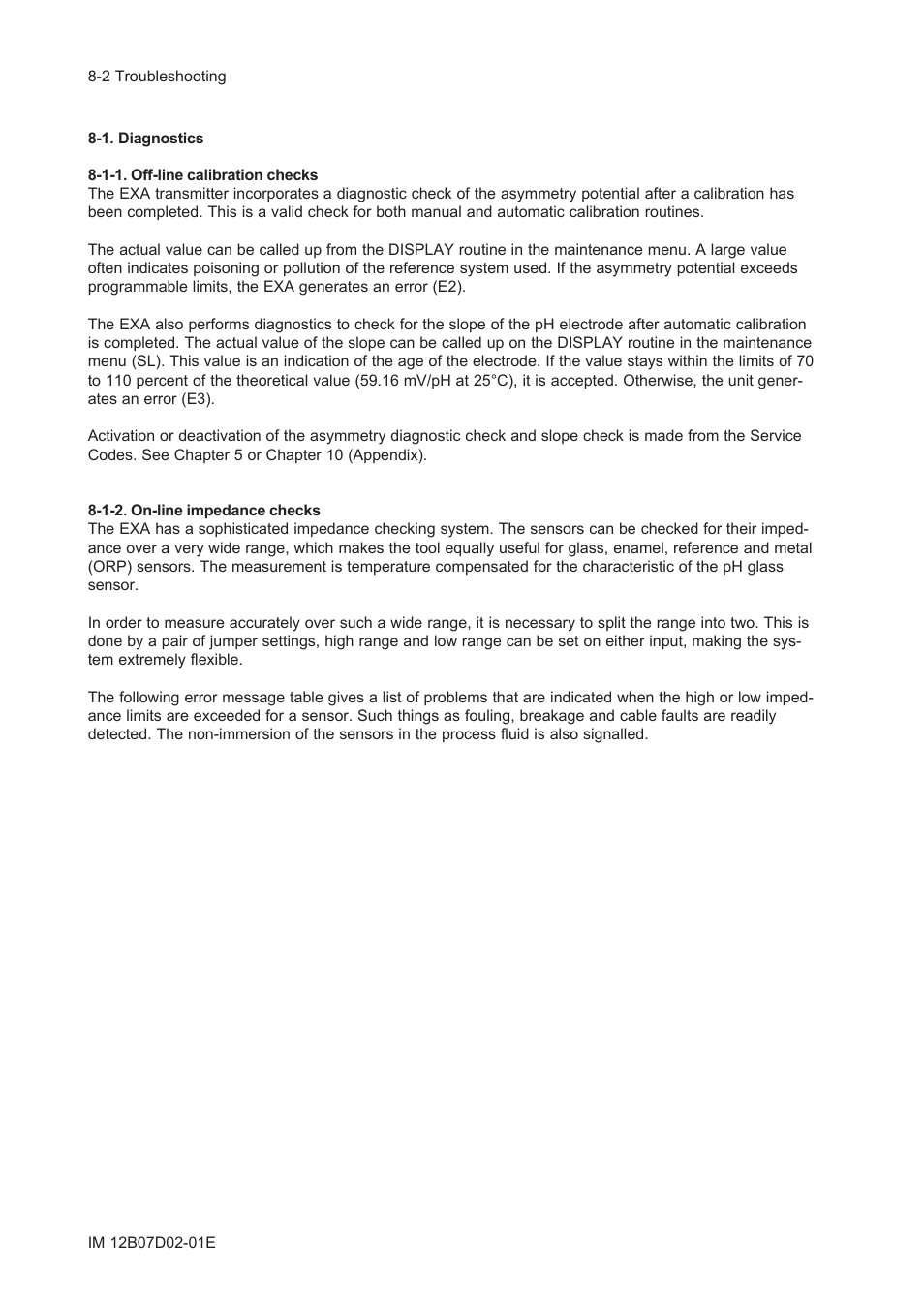 1. diagnostics, 1-1. off-line calibration checks, 1-2. on-line impedance checks | 1. diagnostics -2, 1-1. off-line calibration checks -2, 1-2. on-line impedance checks -2 | Yokogawa EXA PH202 2-Wire pH/ORP Analyzer User Manual | Page 84 / 138