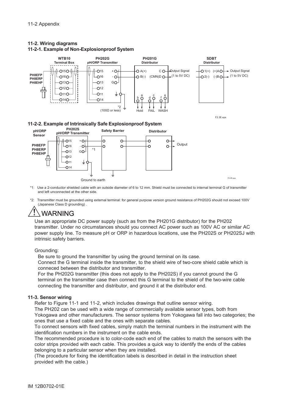 2. wiring diagrams, 2-1. example of non-explosionproof system, 3. sensor wiring | 2. wiring diagrams -2, 2-1. example of non-explosionproof system -2, 3. sensor wiring -2, Warning | Yokogawa EXA PH202 2-Wire pH/ORP Analyzer User Manual | Page 99 / 138