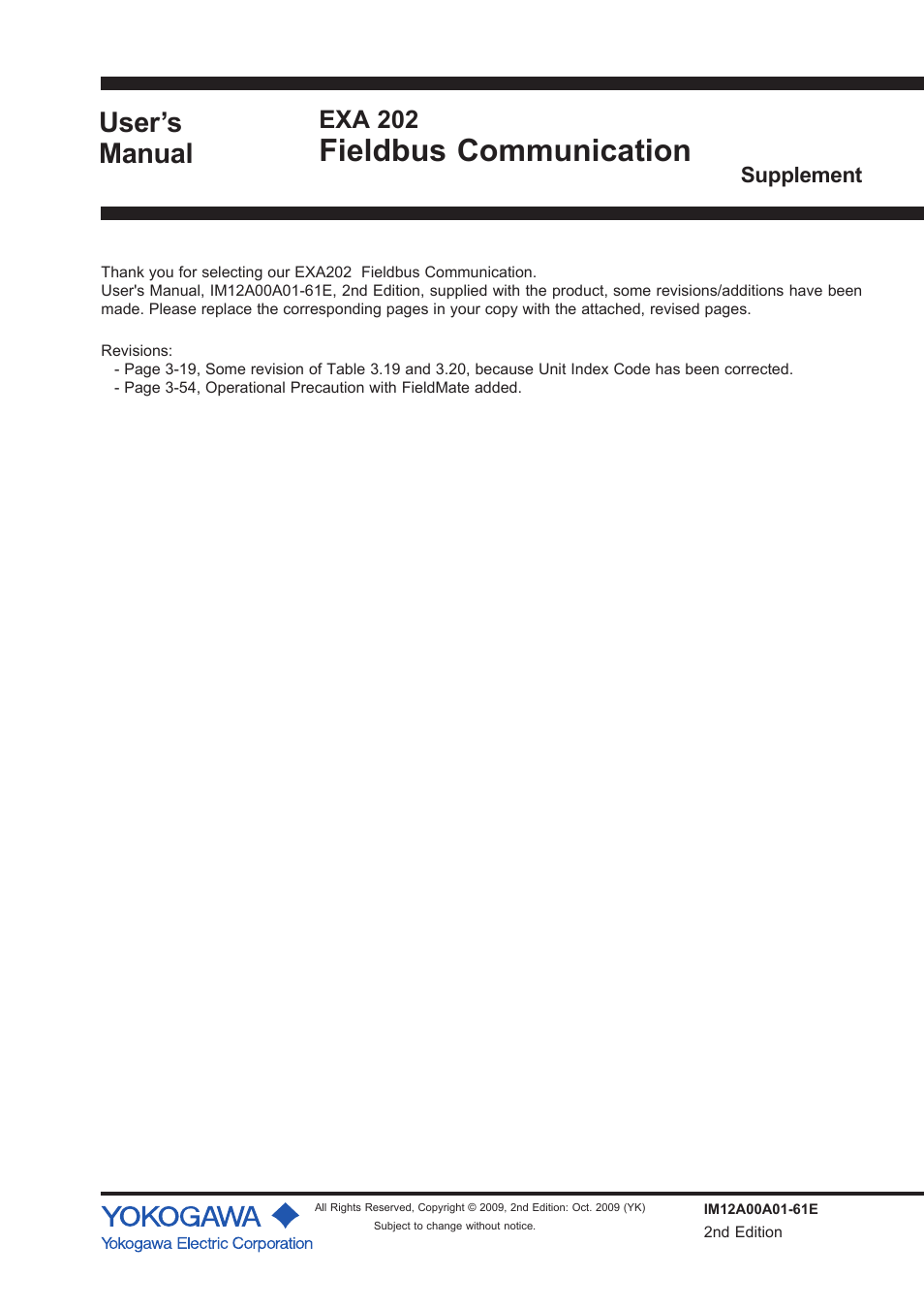 Supplement, Fieldbus communication, User’s manual | Exa 202 | Yokogawa DO202 2-Wire Dissolved Oxygen Analyzer User Manual | Page 88 / 90