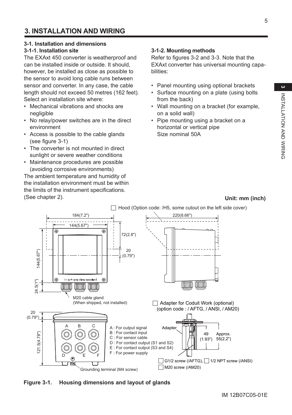 Installation and wiring, 1. installation and dimensions, 1-1. installation site | 1-2. mounting methods | Yokogawa EXAxt PH450 4-Wire Analyzer for pH and ORP User Manual | Page 13 / 69