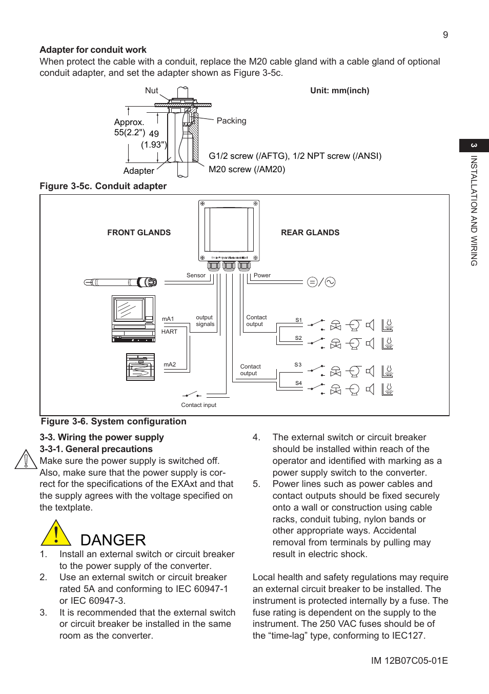 3. wiring the power supply, 3-1. general precautions, 3-2. access to terminal and cable entry | 3-3. ac power, 3-4. dc power, Danger | Yokogawa EXAxt PH450 4-Wire Analyzer for pH and ORP User Manual | Page 17 / 69