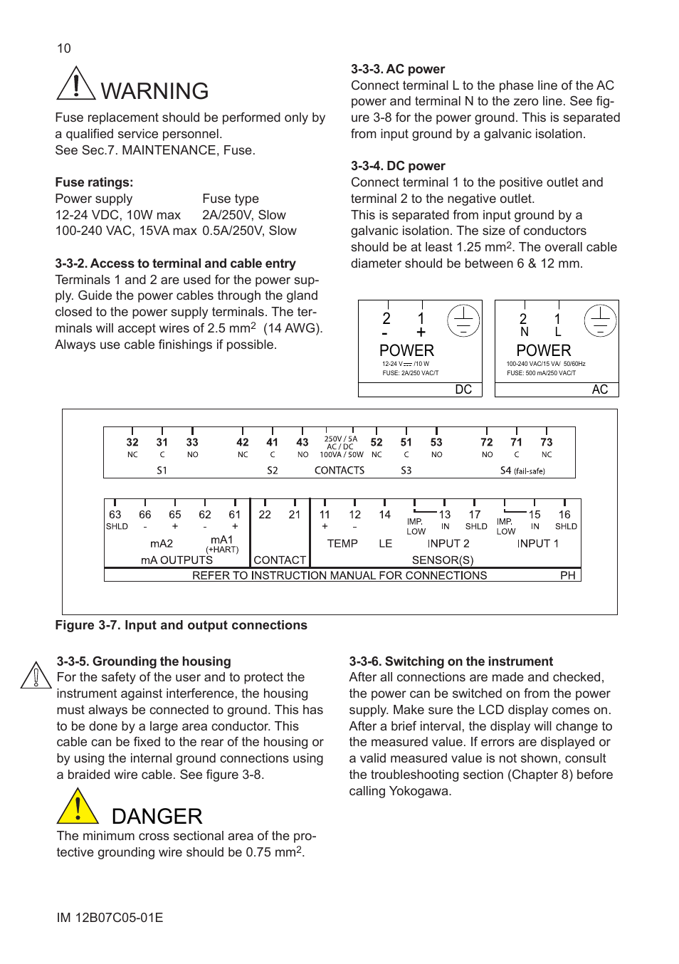 3-5. grounding the housing, 3-6. switching on the instrument, Warning | Danger, Power | Yokogawa EXAxt PH450 4-Wire Analyzer for pH and ORP User Manual | Page 18 / 69
