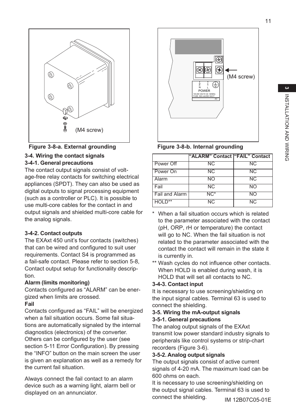 4. wiring the contact signals, 4-1. general precautions, 4-2. contact outputs | 5. wiring the ma-output signals, 5-1. general precautions, 5-2. analog output signals, 4-3. contact intput | Yokogawa EXAxt PH450 4-Wire Analyzer for pH and ORP User Manual | Page 19 / 69