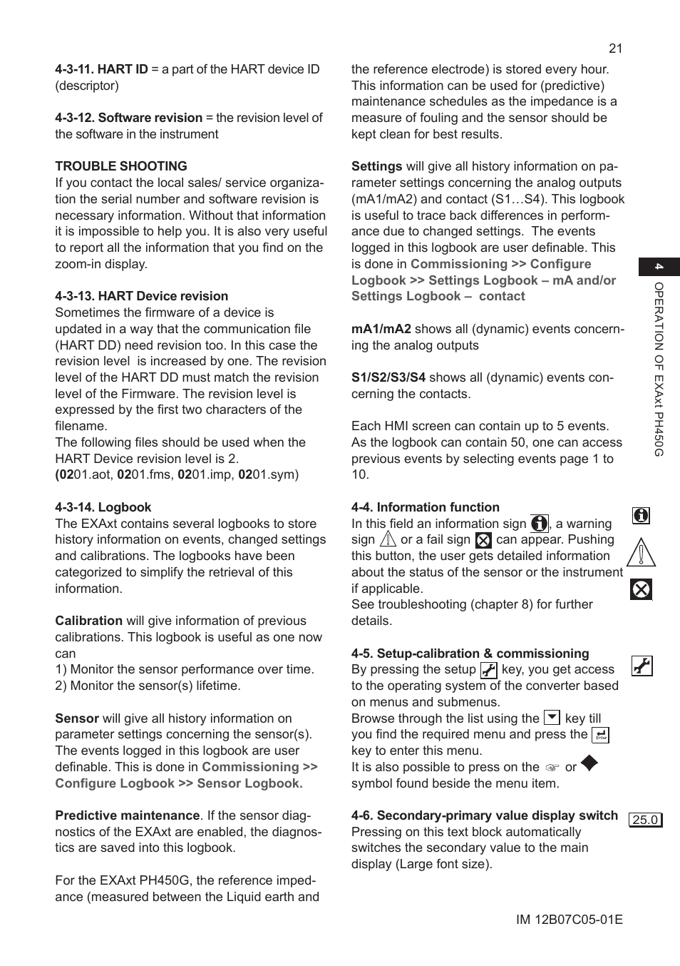 3-13. hart device revision, 3-14. logbook, 4. information function | 5. setup-calibration & commissioning, 6. secondary-primary value display switch | Yokogawa EXAxt PH450 4-Wire Analyzer for pH and ORP User Manual | Page 29 / 69