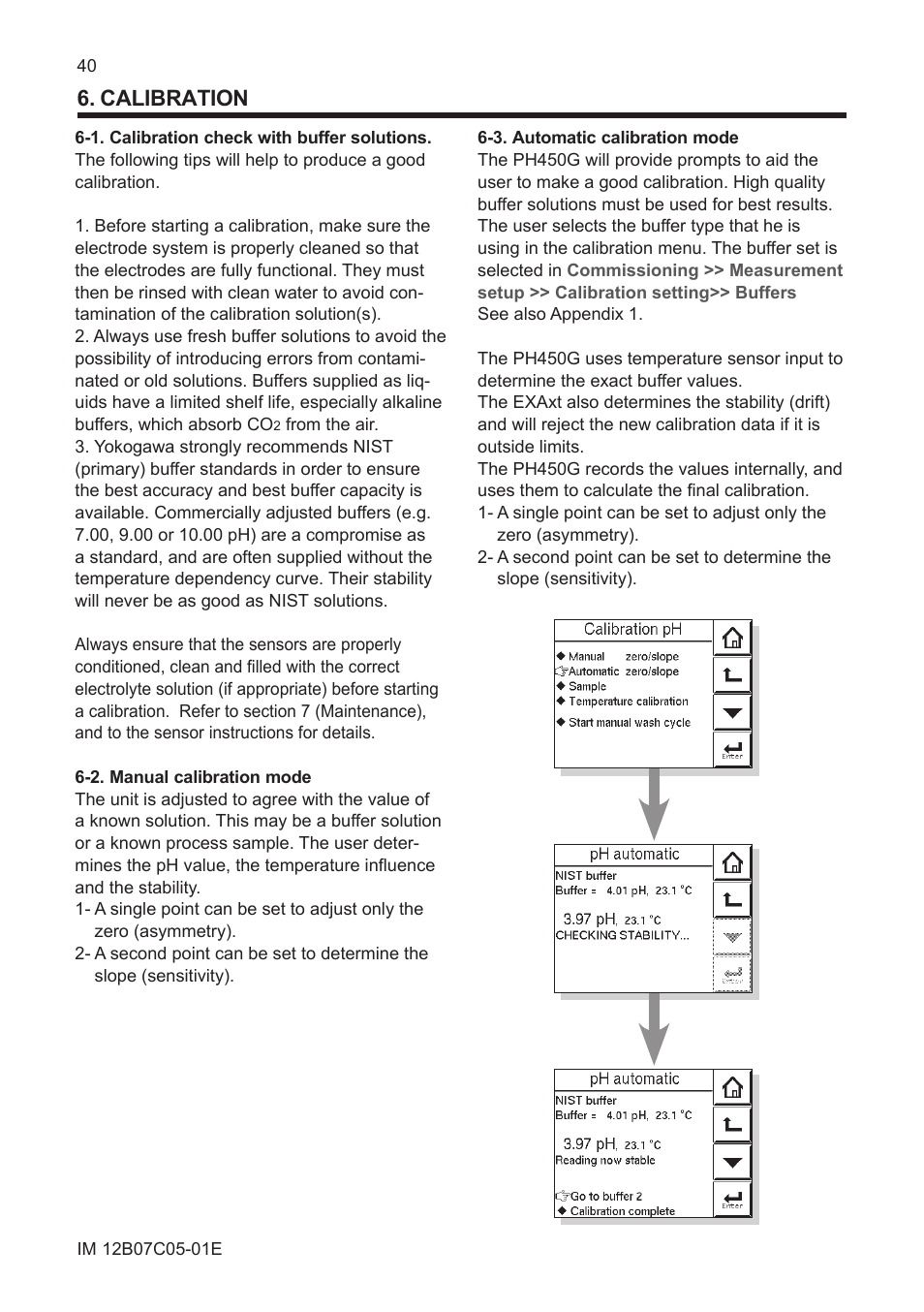 Calibration, 1. calibration check with buffer solutions, 2. manual calibration mode | 3. automatic calibration mode | Yokogawa EXAxt PH450 4-Wire Analyzer for pH and ORP User Manual | Page 48 / 69