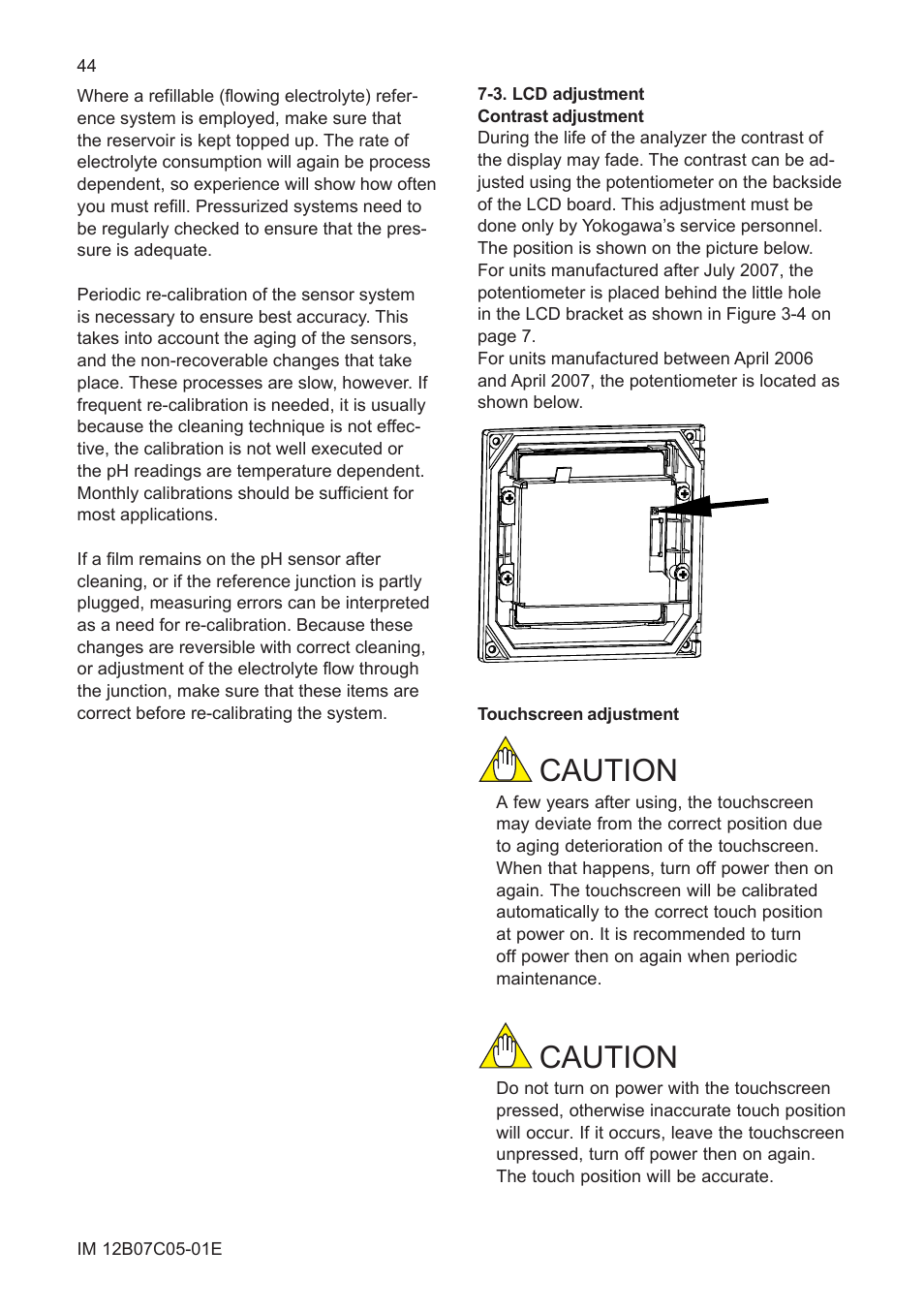 3. lcd adjustment, Caution | Yokogawa EXAxt PH450 4-Wire Analyzer for pH and ORP User Manual | Page 52 / 69