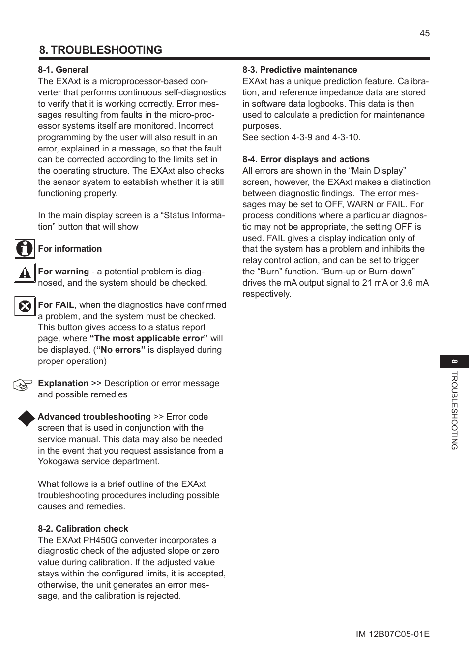 Troubleshooting, 1. general, 2. calibration check | 3. predictive maintenance, 4. error displays and actions | Yokogawa EXAxt PH450 4-Wire Analyzer for pH and ORP User Manual | Page 53 / 69