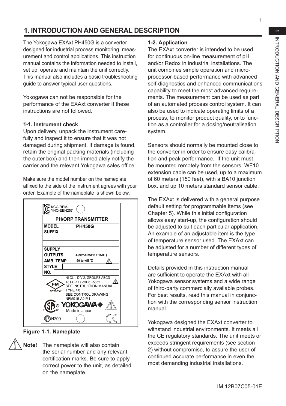 Introduction and general description, 1. instrument check, 2. application | Yokogawa EXAxt PH450 4-Wire Analyzer for pH and ORP User Manual | Page 9 / 69