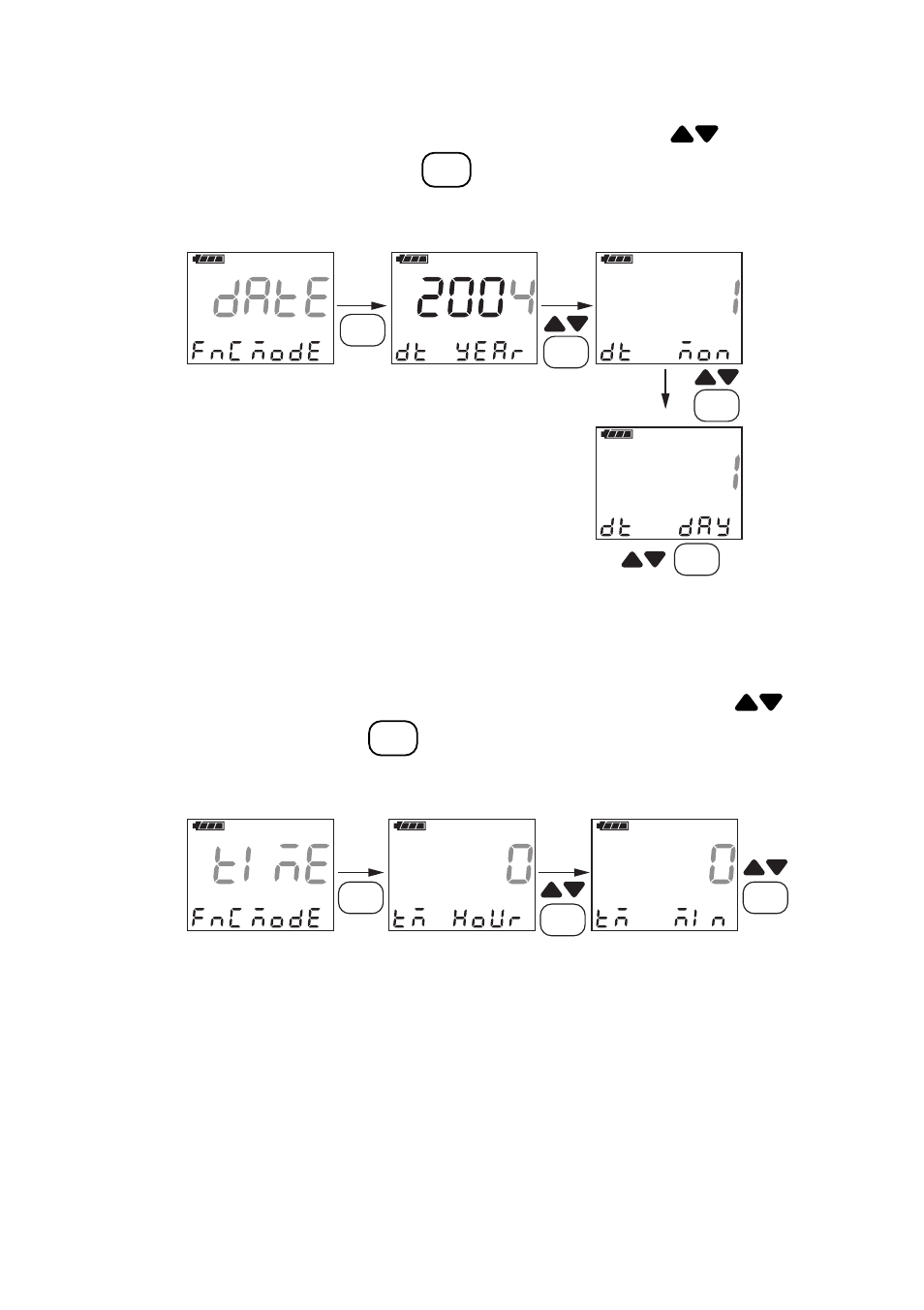 5) date setting (date) panel, 6) time setting (time) panel, Key to confirm each entry | Yokogawa PH72 Personal pH/ORP Meter User Manual | Page 44 / 108