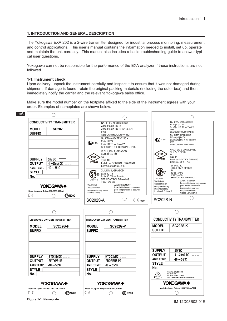 Introduction and general description, 1. instrument check, Sc202s-n | Sc202s-a, Conductivity transmitter, Model suffix supply output, No. 24v dc, No. 9 to 32vdc, Style | Yokogawa EXA SC202 2-Wire Conductivity Transmitter/Analyzer User Manual | Page 10 / 113