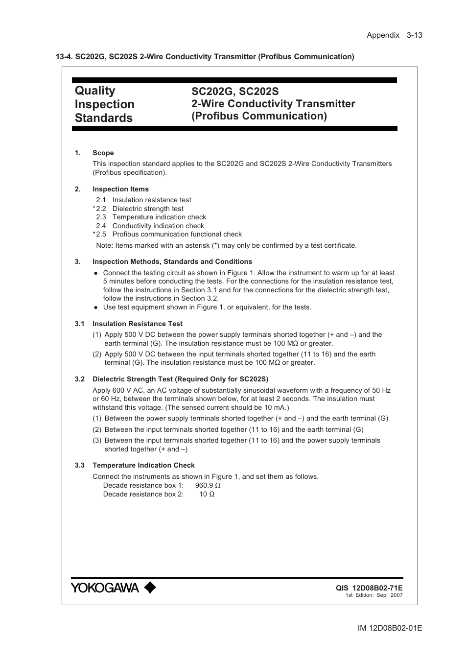 Quality inspection standards | Yokogawa EXA SC202 2-Wire Conductivity Transmitter/Analyzer User Manual | Page 101 / 113