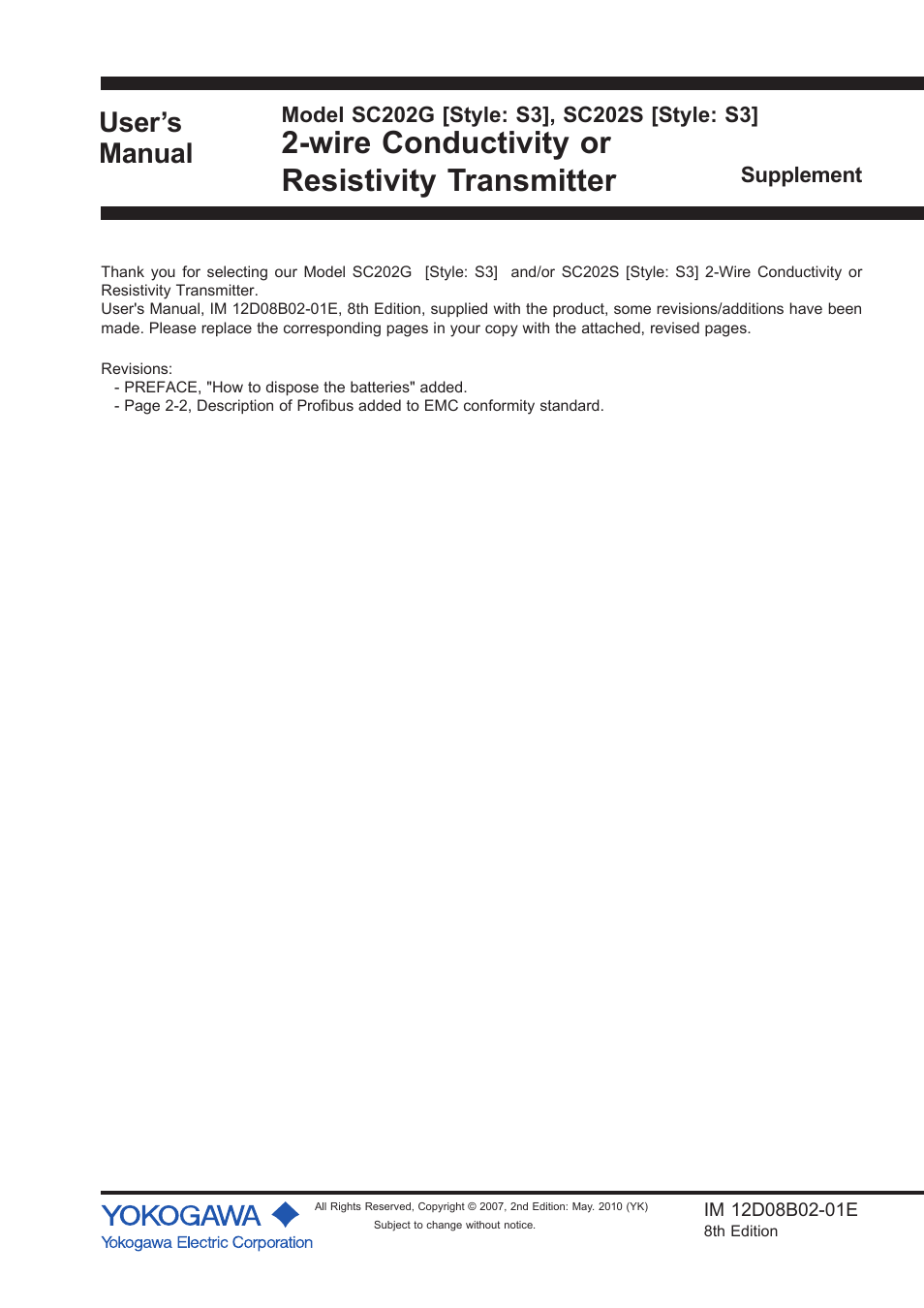Supplement, Wire conductivity or resistivity transmitter, User’s manual | Yokogawa EXA SC202 2-Wire Conductivity Transmitter/Analyzer User Manual | Page 111 / 113