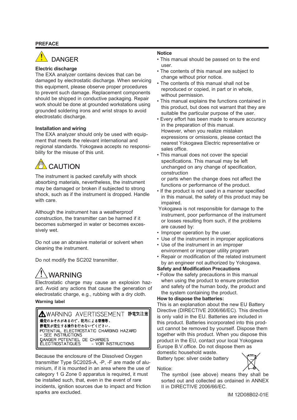 Caution, Caution warning warning, Danger | Yokogawa EXA SC202 2-Wire Conductivity Transmitter/Analyzer User Manual | Page 112 / 113