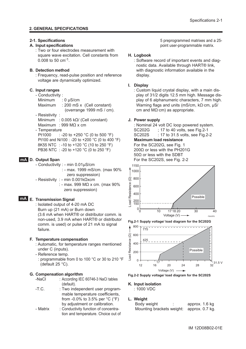 General specifications, 1. specifications | Yokogawa EXA SC202 2-Wire Conductivity Transmitter/Analyzer User Manual | Page 14 / 113