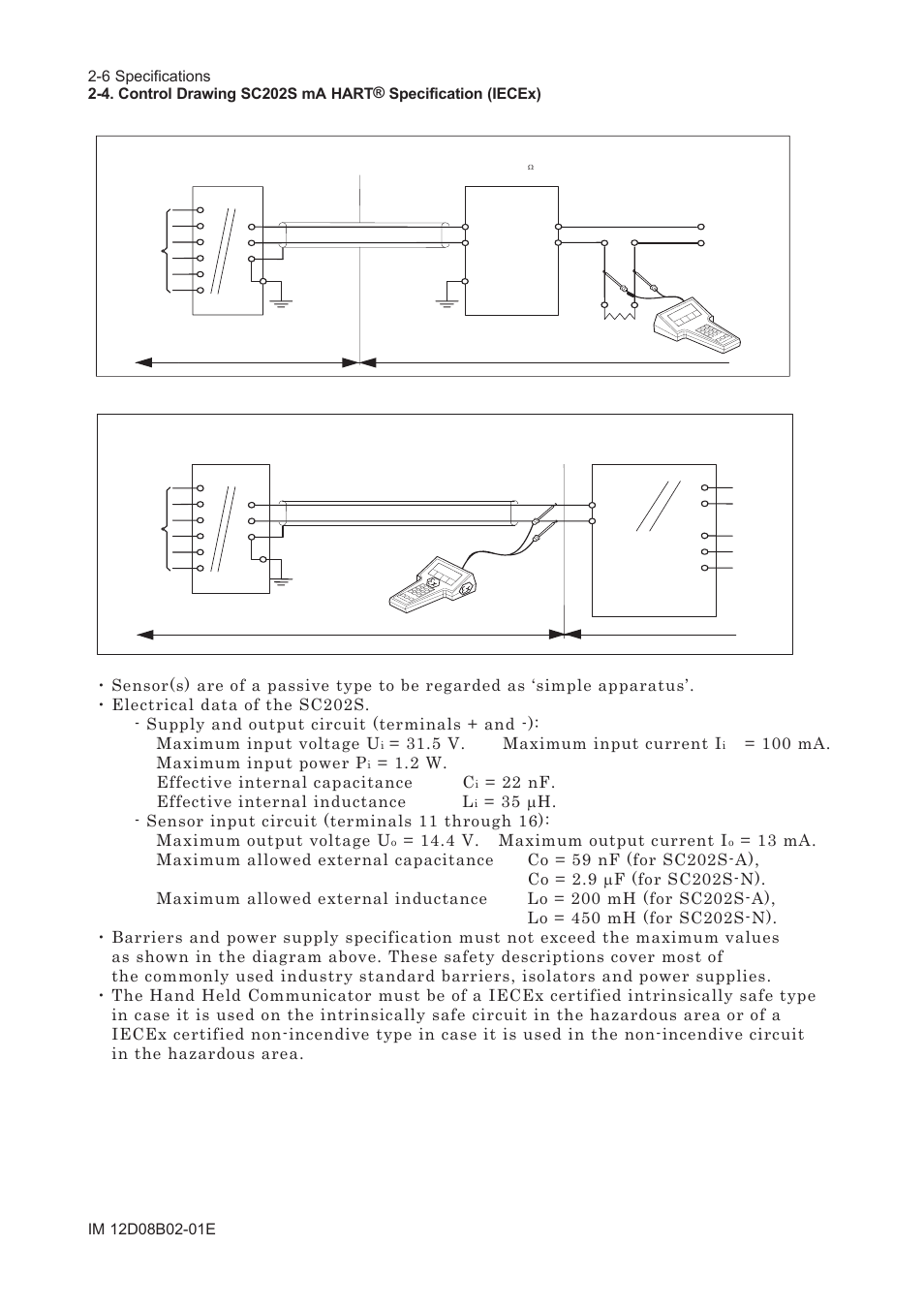5 v. maximum input current i, 100 ma. maximum input power p, 2 w. effective internal capacitance c | 22 nf. effective internal inductance l, 4 v. maximum output current i | Yokogawa EXA SC202 2-Wire Conductivity Transmitter/Analyzer User Manual | Page 19 / 113