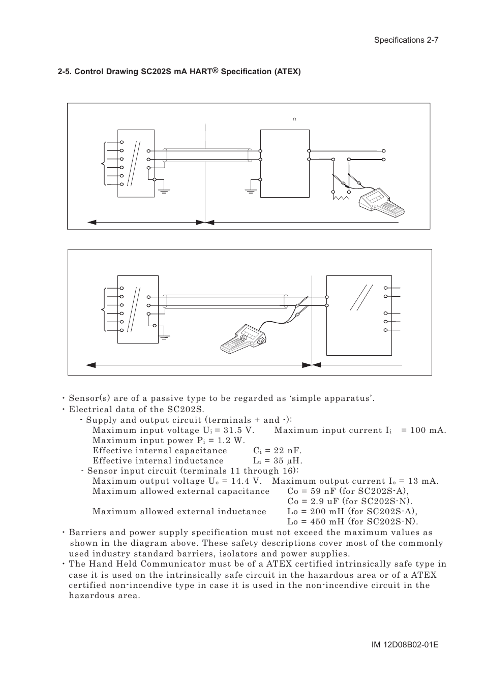 5 v. maximum input current i, 100 ma. maximum input power p, 2 w. effective internal capacitance c | 22 nf. effective internal inductance l, 4 v. maximum output current i | Yokogawa EXA SC202 2-Wire Conductivity Transmitter/Analyzer User Manual | Page 20 / 113