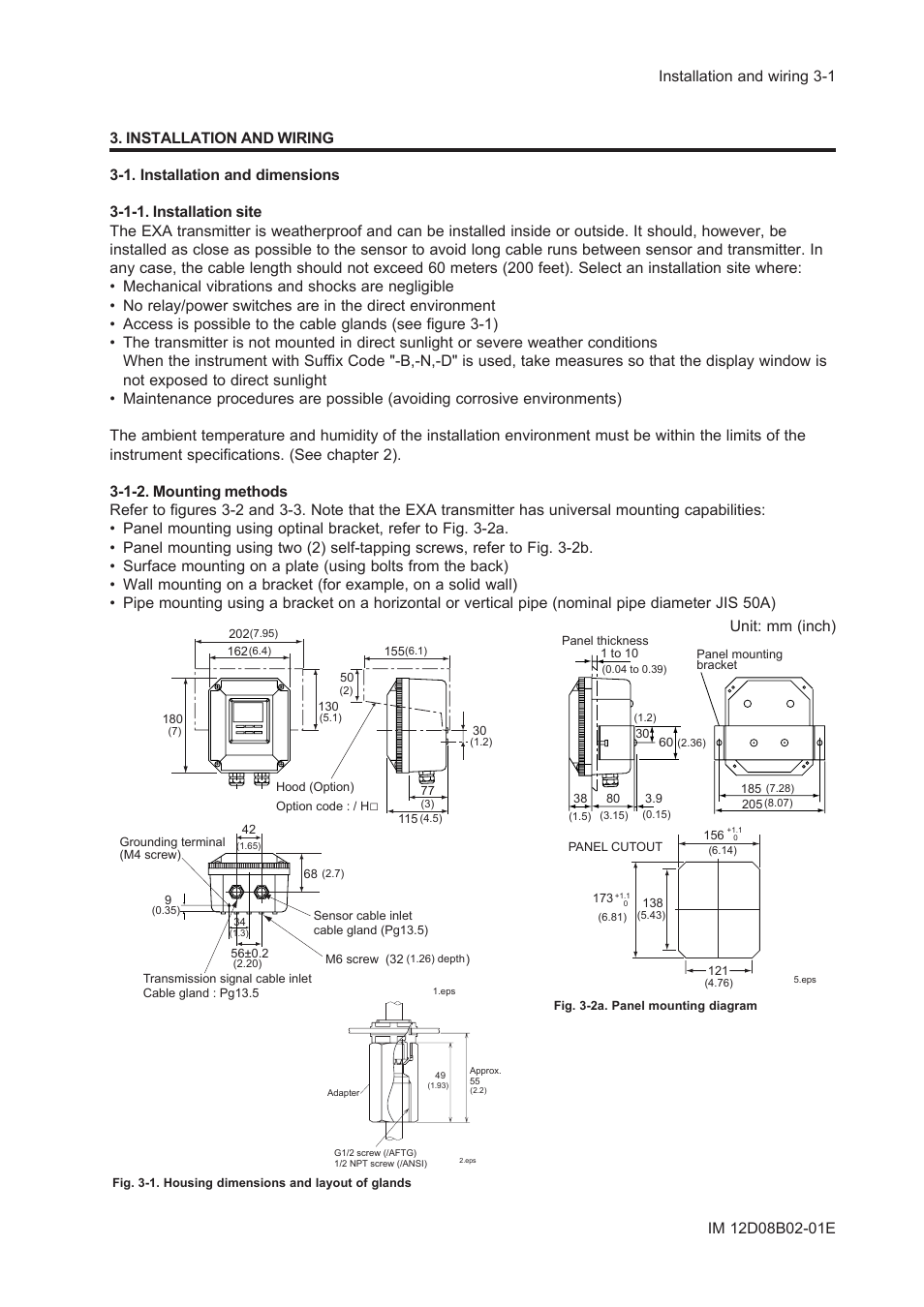 Installation and wiring, 1. installation and dimensions, 1-1. installation site | 1-2. mounting methods, Unit: mm (inch) | Yokogawa EXA SC202 2-Wire Conductivity Transmitter/Analyzer User Manual | Page 34 / 113