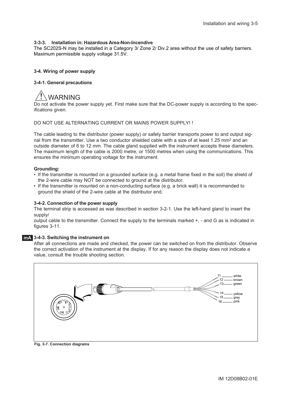 3-3. installation in: hazardous area-non-incendive, 4. wiring of power supply, 4-1. general precautions | 4-2. connection of the power supply, 4-3. switching the instrument on, Warning | Yokogawa EXA SC202 2-Wire Conductivity Transmitter/Analyzer User Manual | Page 38 / 113