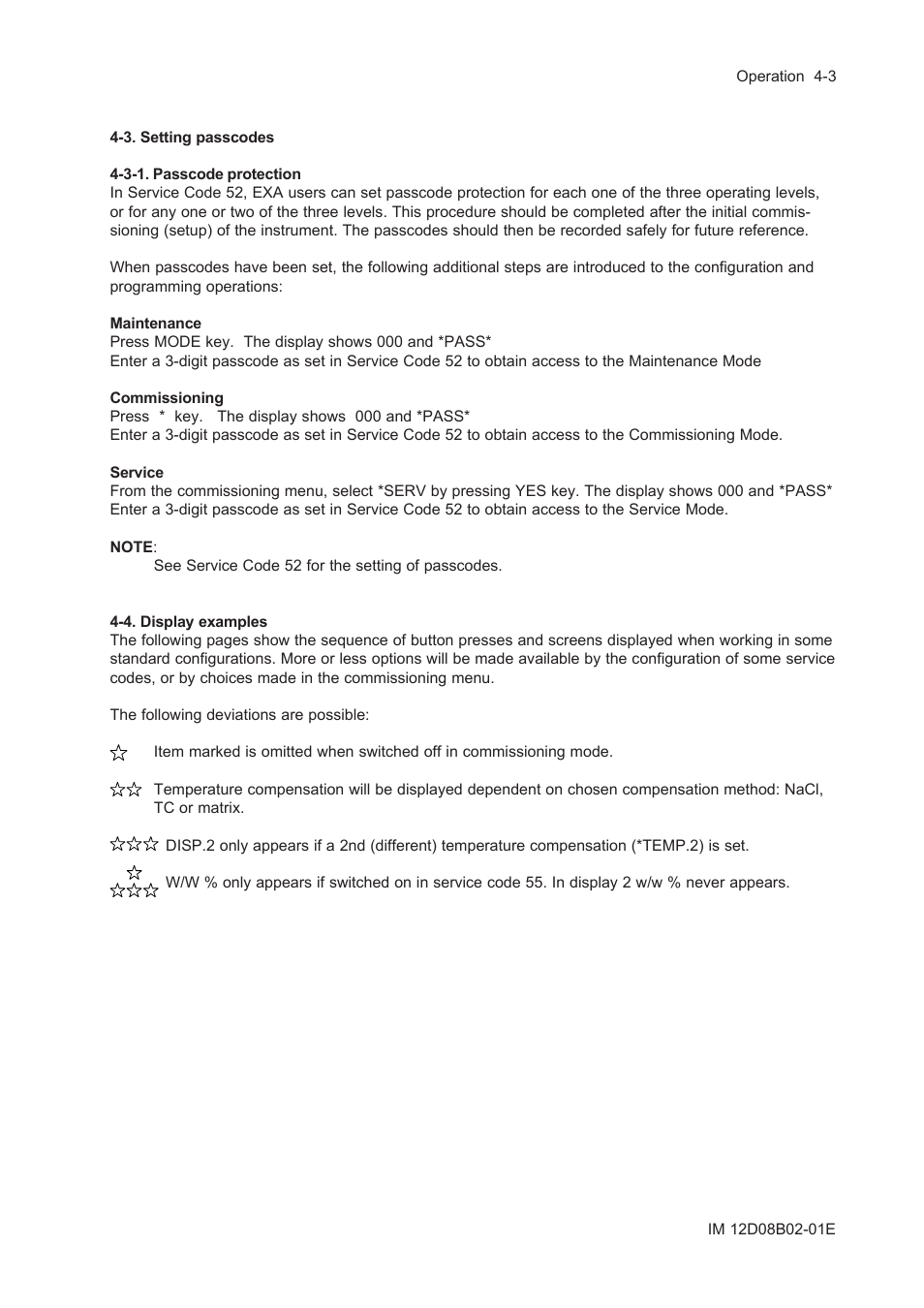 3. setting passcodes, 3-1. passcode protection, 4. display examples | 3. setting passcodes -3, 3-1. passcode protection -3, 4. display examples -3 | Yokogawa EXA SC202 2-Wire Conductivity Transmitter/Analyzer User Manual | Page 45 / 113