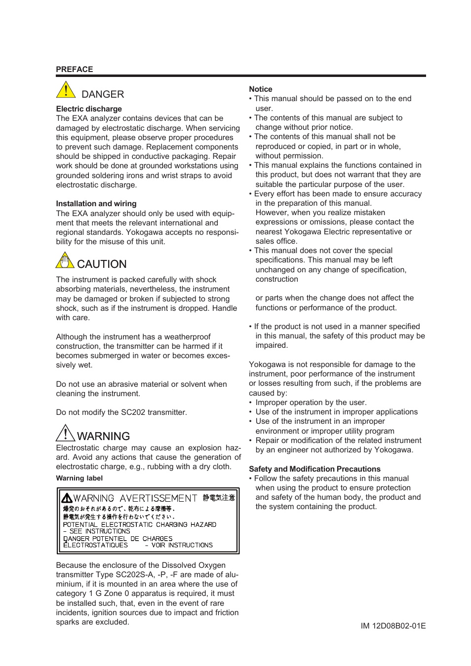 Preface, Caution, Caution warning warning | Danger | Yokogawa EXA SC202 2-Wire Conductivity Transmitter/Analyzer User Manual | Page 5 / 113